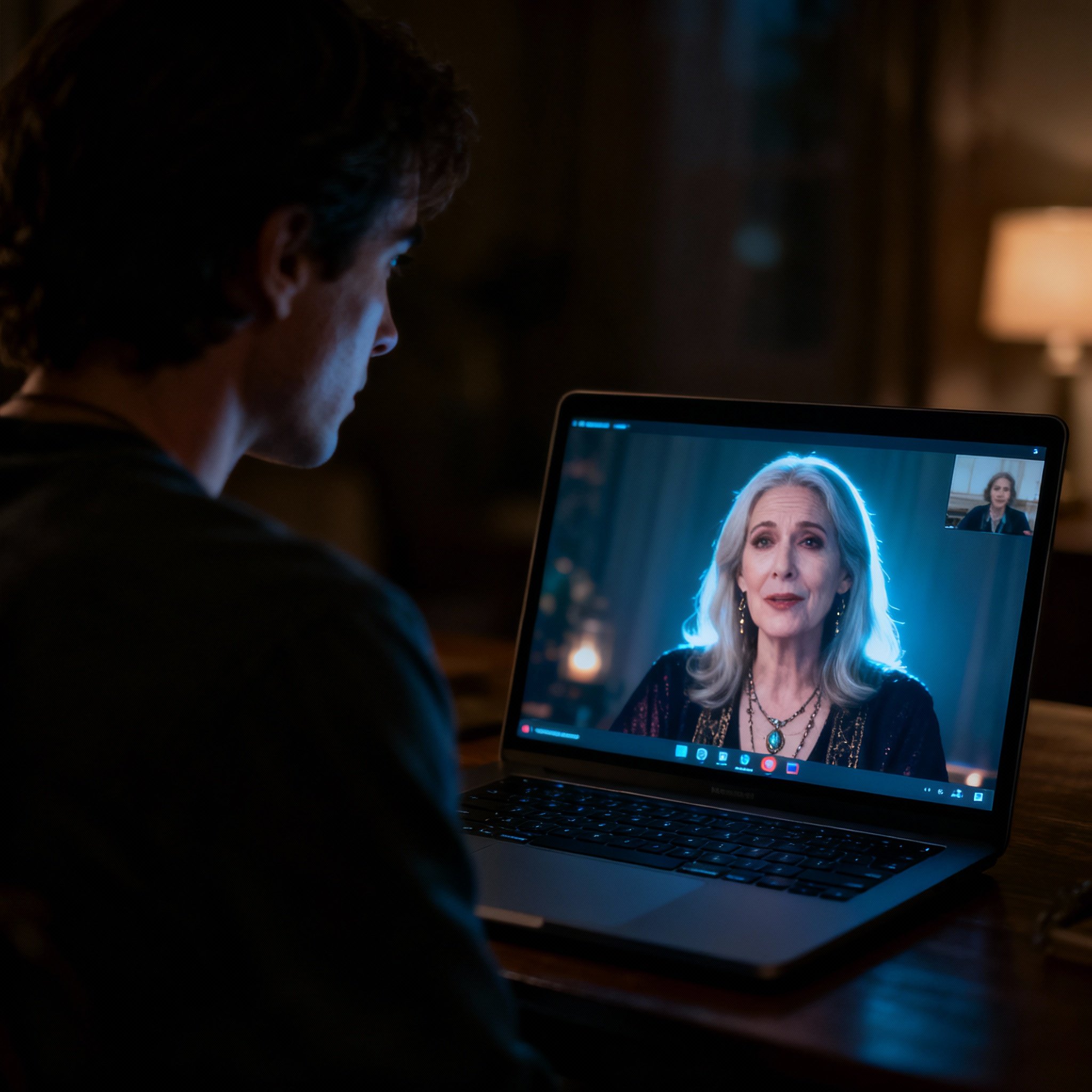 An over-the-shoulder shot showing a client during a video consultation on a laptop. On the screen is the psychic's focused and empathetic face. The client's posture suggests a moment of sudden realization and relief, symbolizing a key insight gained.