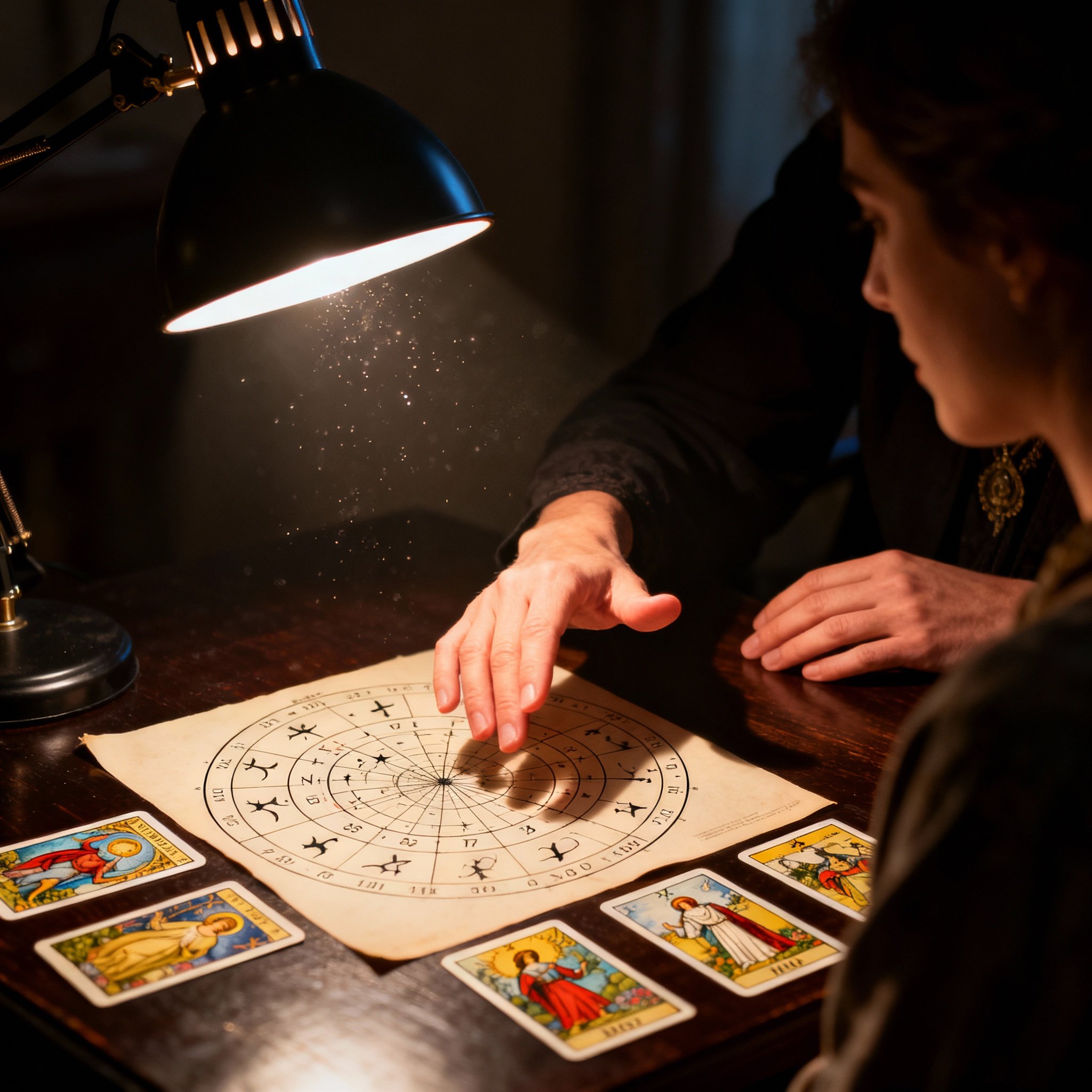 An over-the-shoulder view from a client's perspective, showing Gender Mystic's hands gracefully laying out tarot cards and pointing to a complex astrological birth chart. Warm lamplight on the table illuminates the cards and chart, creating a focused, intimate, and enlightening atmosphere.