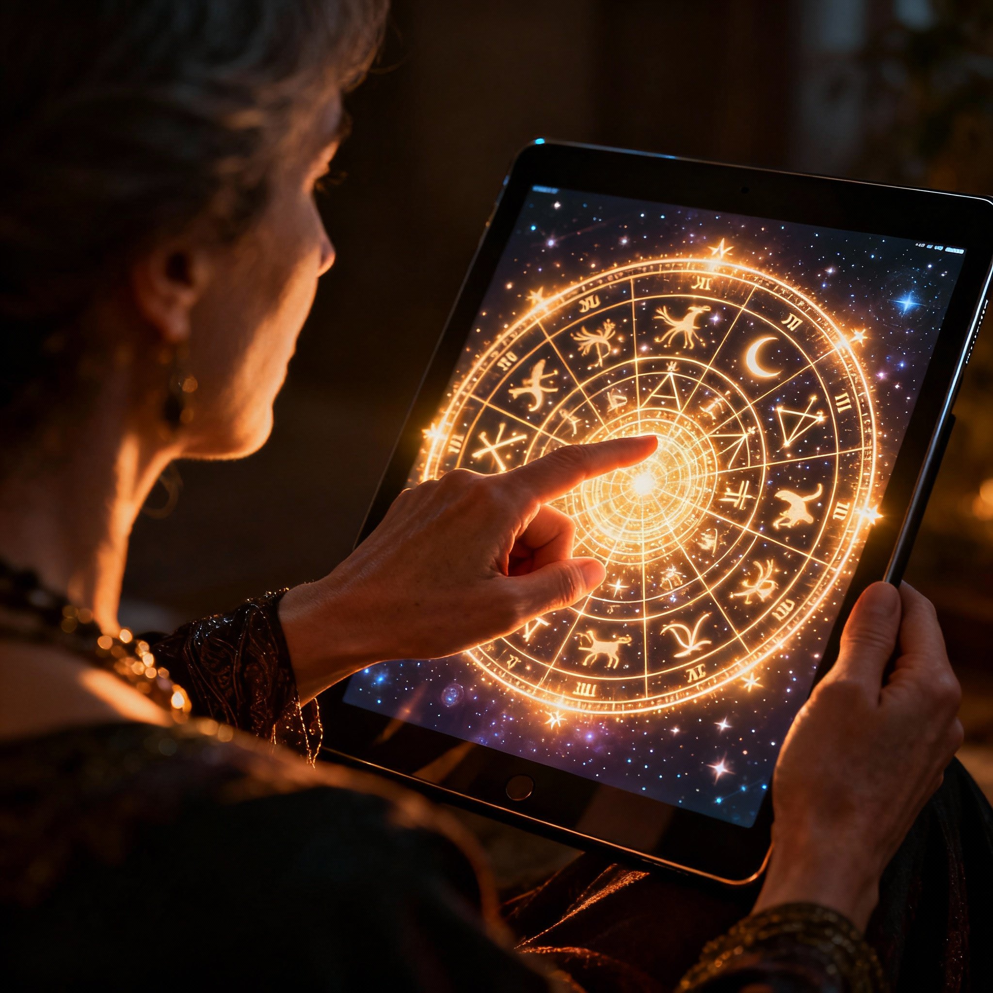 An over-the-shoulder view of a client as a psychic advisor points to a glowing digital birth chart on a tablet, helping them understand their life patterns in a moment of clarity and insight.