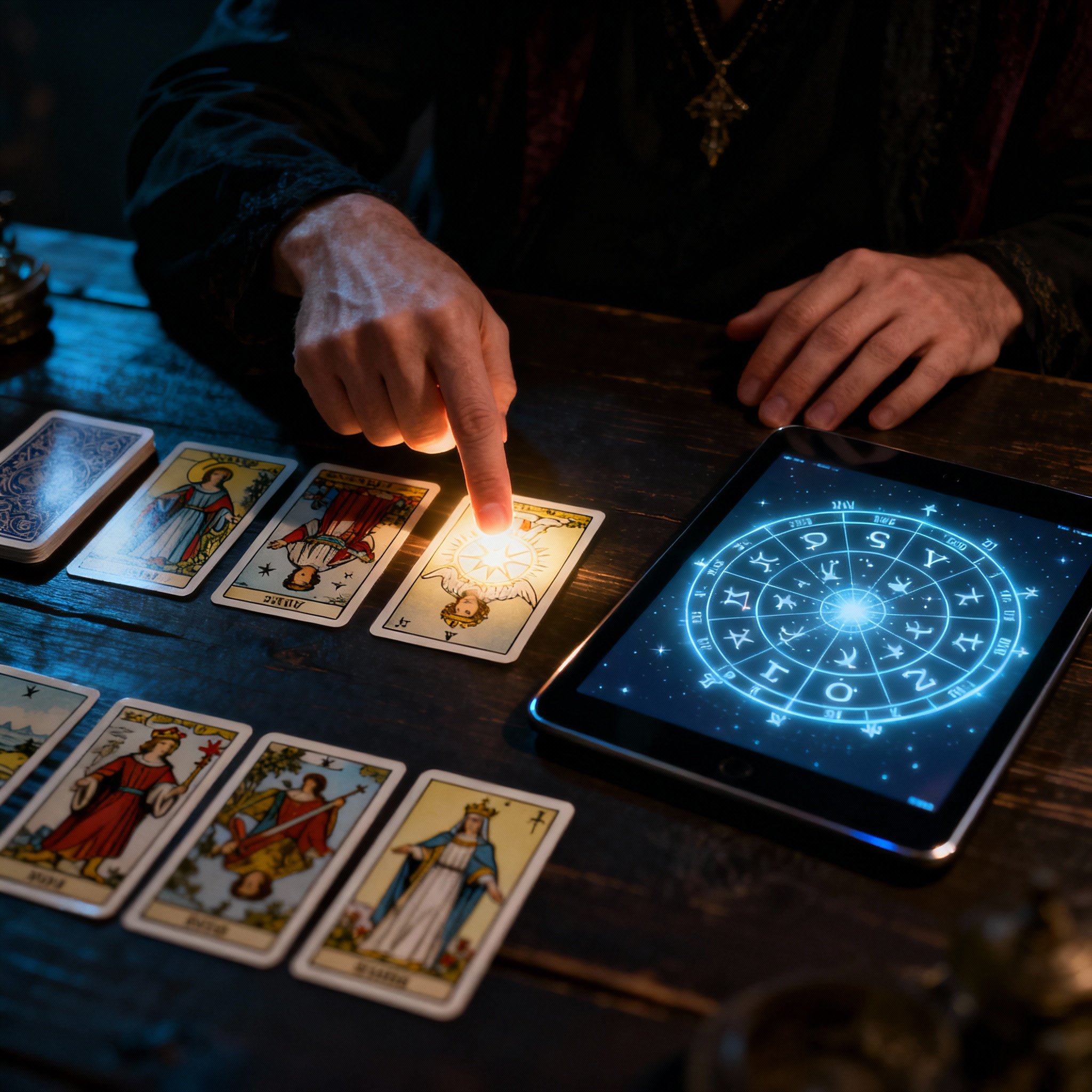 A scene of the psychic Stephen conducting a reading. Tarot cards and an astrological chart are on the table. He is focused, pointing at one card, with light highlighting the cards and his hand, symbolizing a moment of insight.
