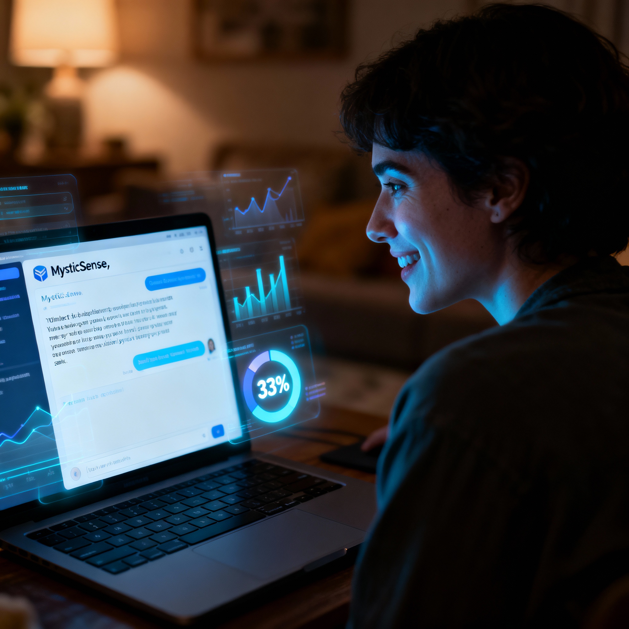 A client having an online consultation on a laptop, with a chat interface with a psychic visible on screen. The client has an expression of realization, and faint, glowing charts representing data analysis float around the scene.