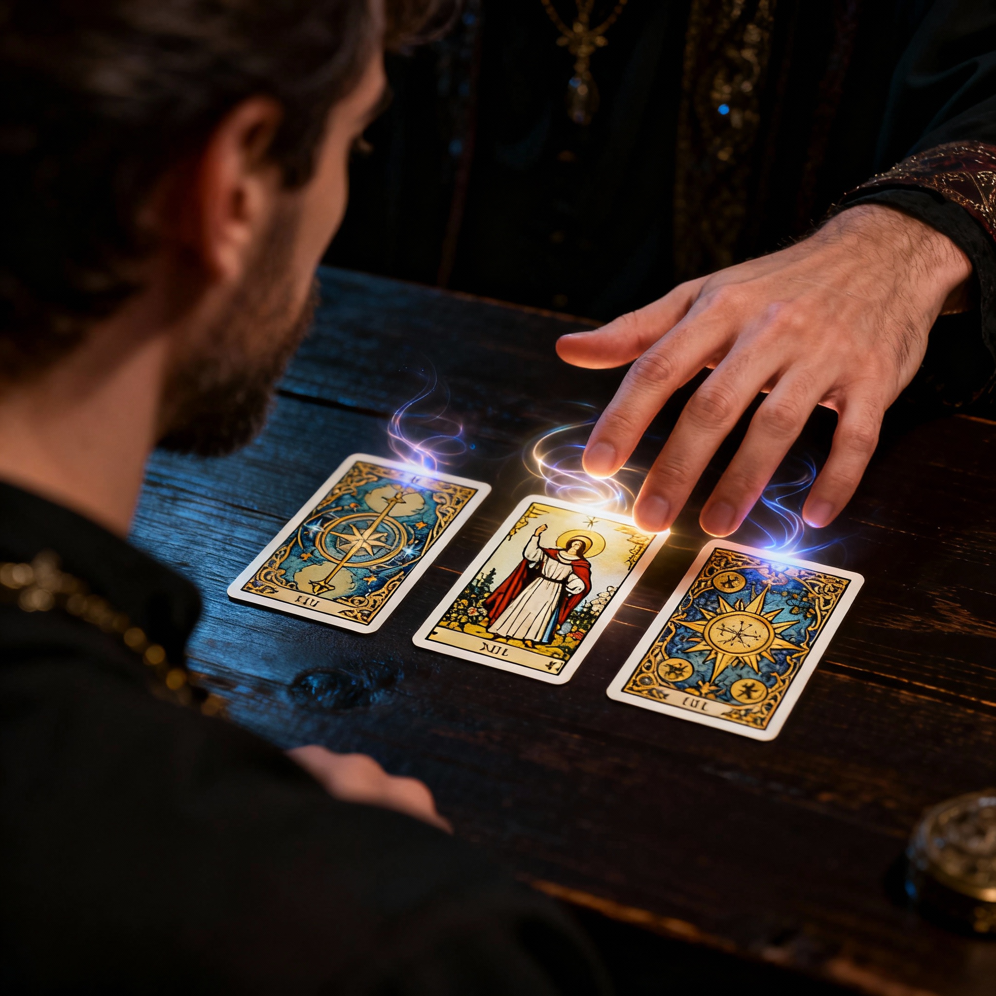 A close-up of a consultation, showing the psychic advisor's hands over a few tarot cards, explaining their meaning to a client, symbolizing energy reading and providing clarity.