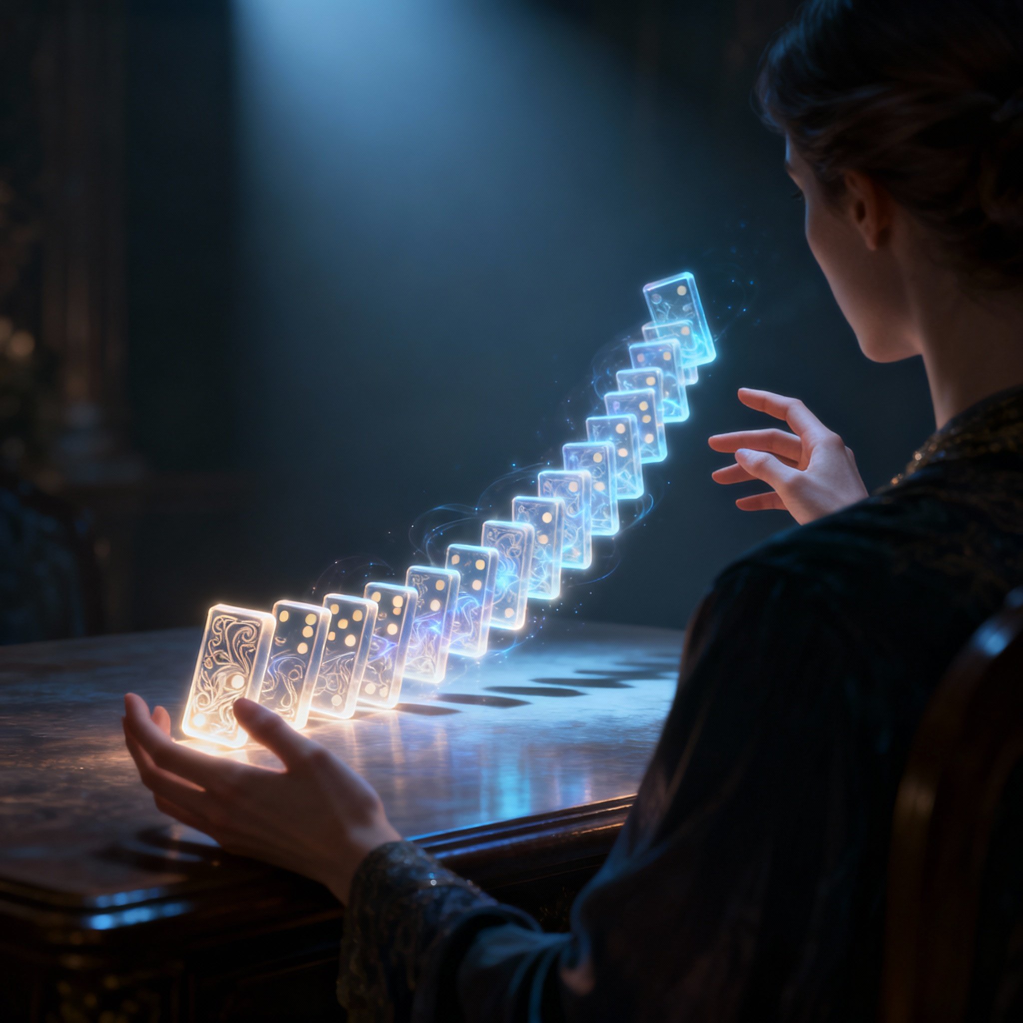 A symbolic image showing a psychic's hands pointing to a line of glowing, falling dominoes, representing how one profound insight can unravel a complex life problem.