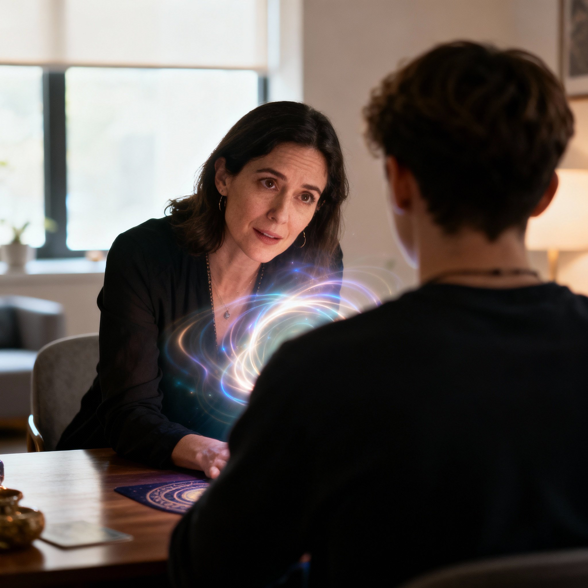 An over-the-shoulder view of a client in an empathetic consultation with Psychic Mau. She listens intently, with a subtle glow symbolizing clairvoyant insight, in a supportive and safe environment.