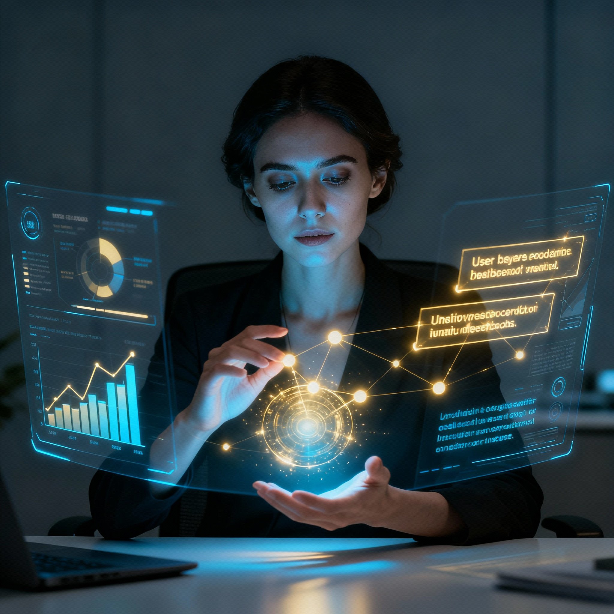 A psychic advisor intently studying abstract, glowing data representing user reviews, her expression revealing a moment of profound insight, symbolizing the blend of intuition and analysis.