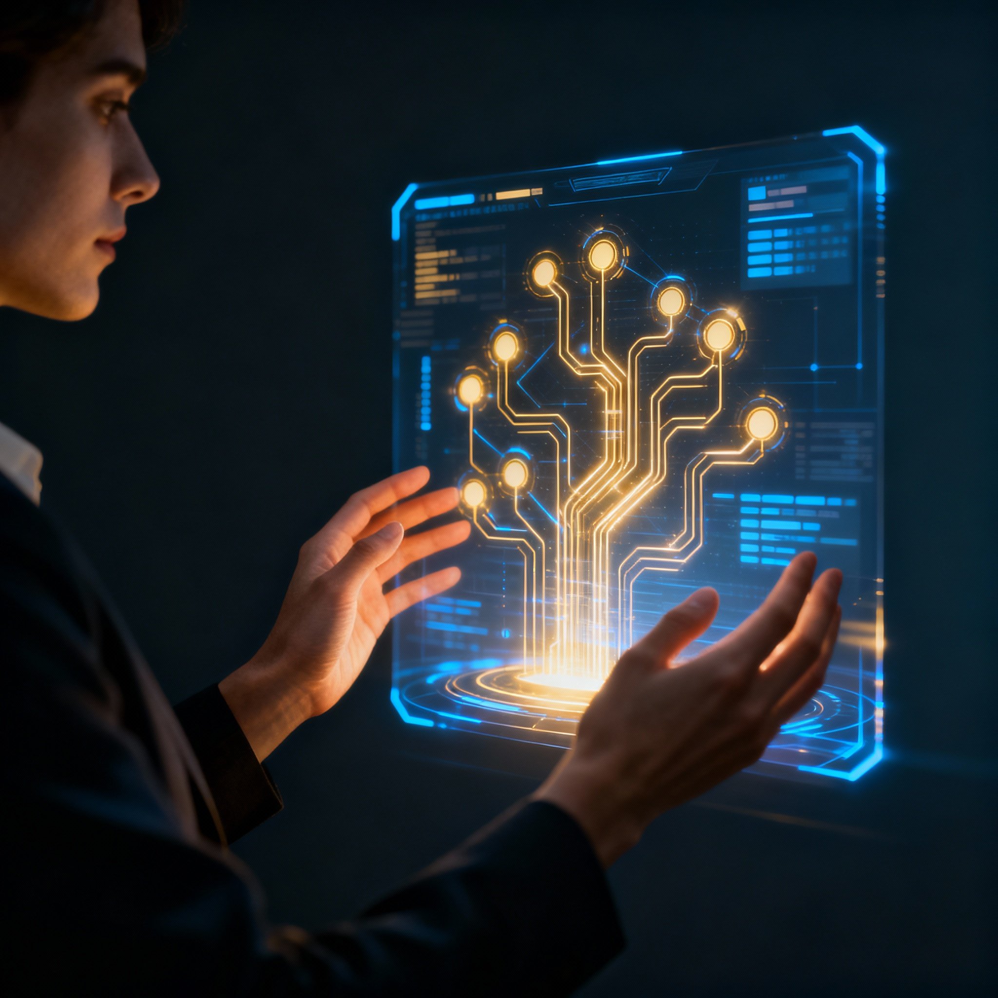 An advisor analyzing an abstract data visualization chart with glowing lines representing user emotions and relationships, revealing deep insights amidst light and shadow.