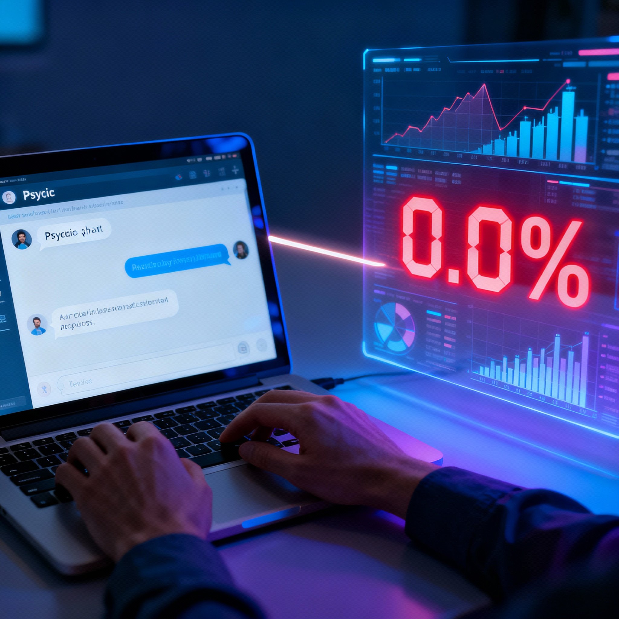 An image depicting the analysis of a psychic consultation, with a user chatting with a psychic on a laptop on one side, and data charts highlighting "0.0% returning clients" on the other, representing the contrast between subjective experience and objective data.