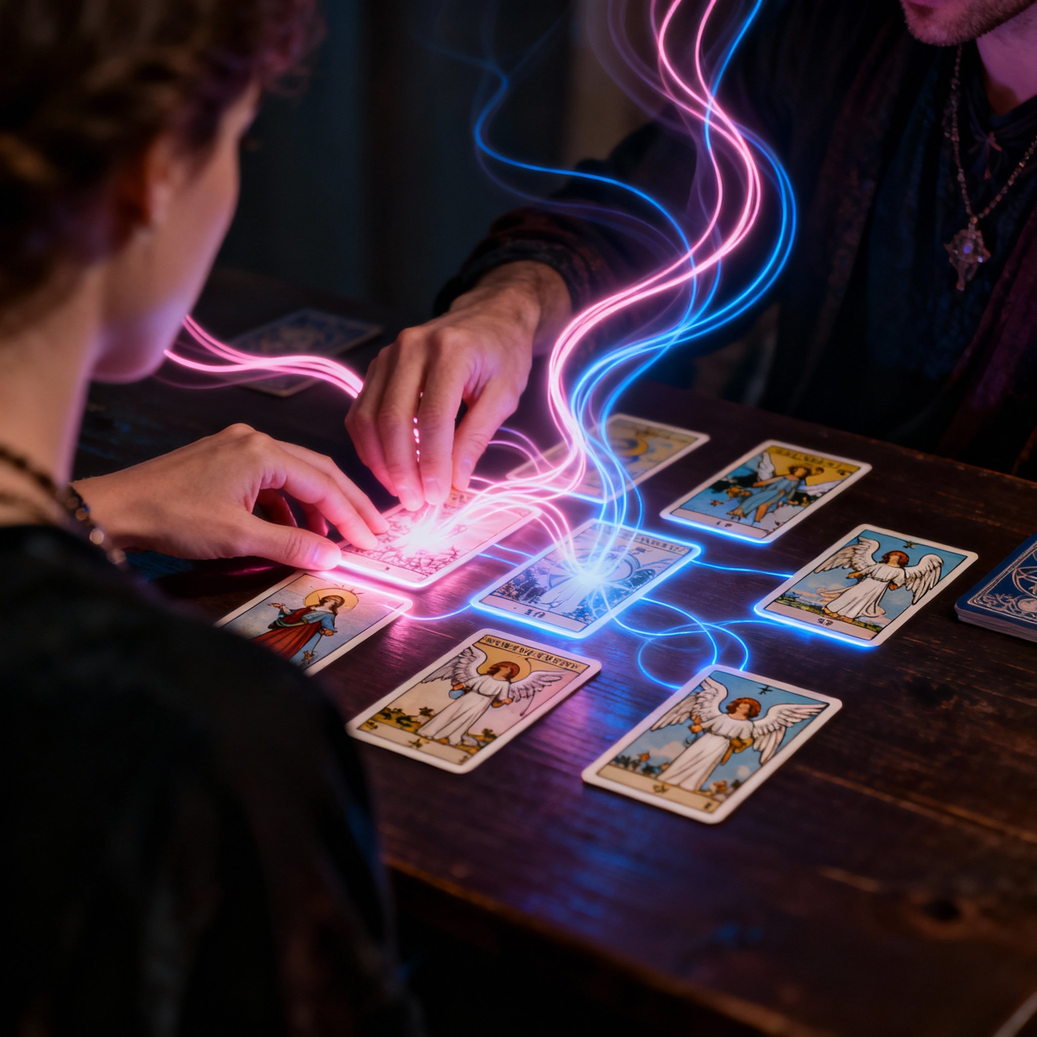 An over-the-shoulder view of a psychic interpreting angel cards on a table. Above the cards, abstract light trails and energy flows visualize the emotional connection between two people, representing her ability to gain insight without context.
