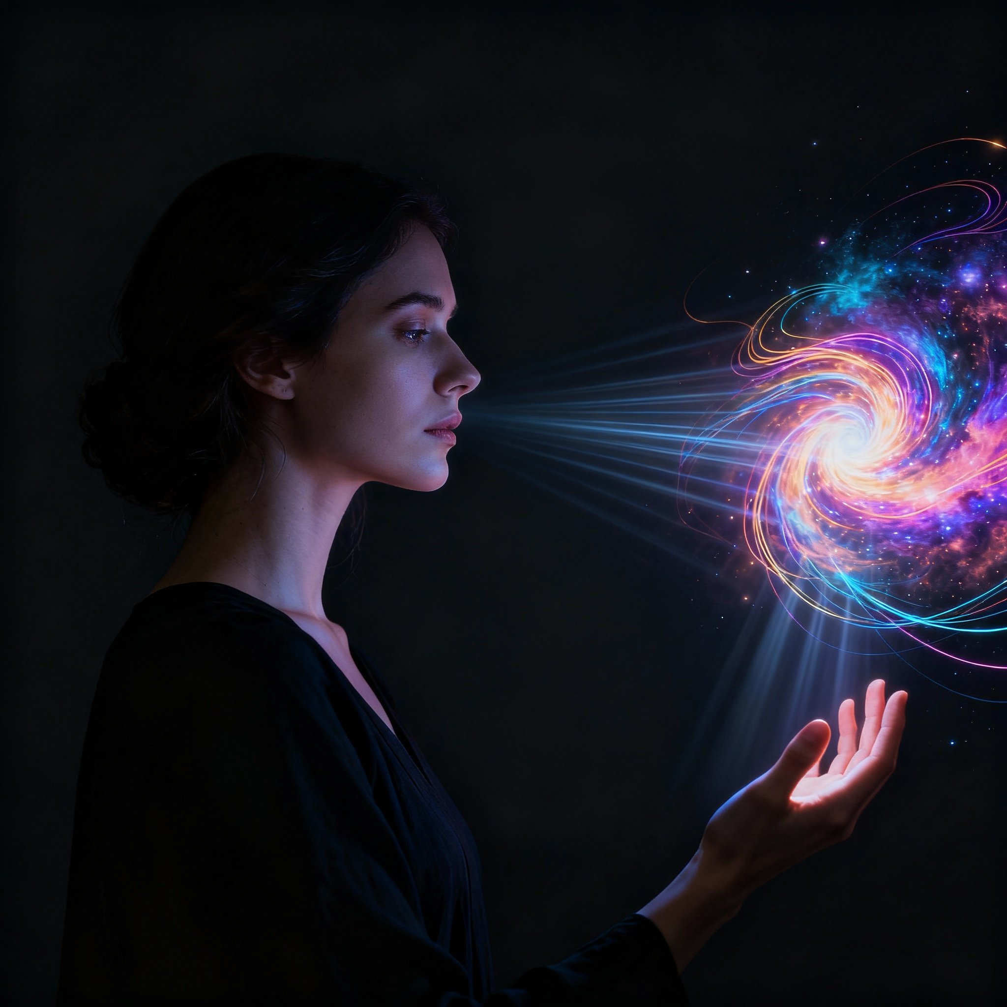 A conceptual art piece showing the silhouette of psychic Rosie, with her hand extended towards an abstract energy field made of colorful light and lines, symbolizing her interpretation of a client's emotions and situation. The scene is filled with an atmosphere of focus, empathy, and epiphany.