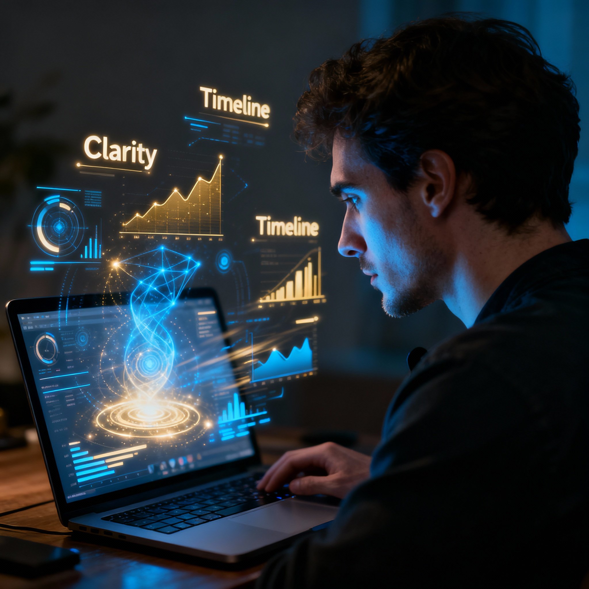 During a consultation, a psychic focuses intently on a screen, surrounded by luminous, abstract lines symbolizing data and emotional connections, showcasing his ability to quickly gain insight into a client's situation.