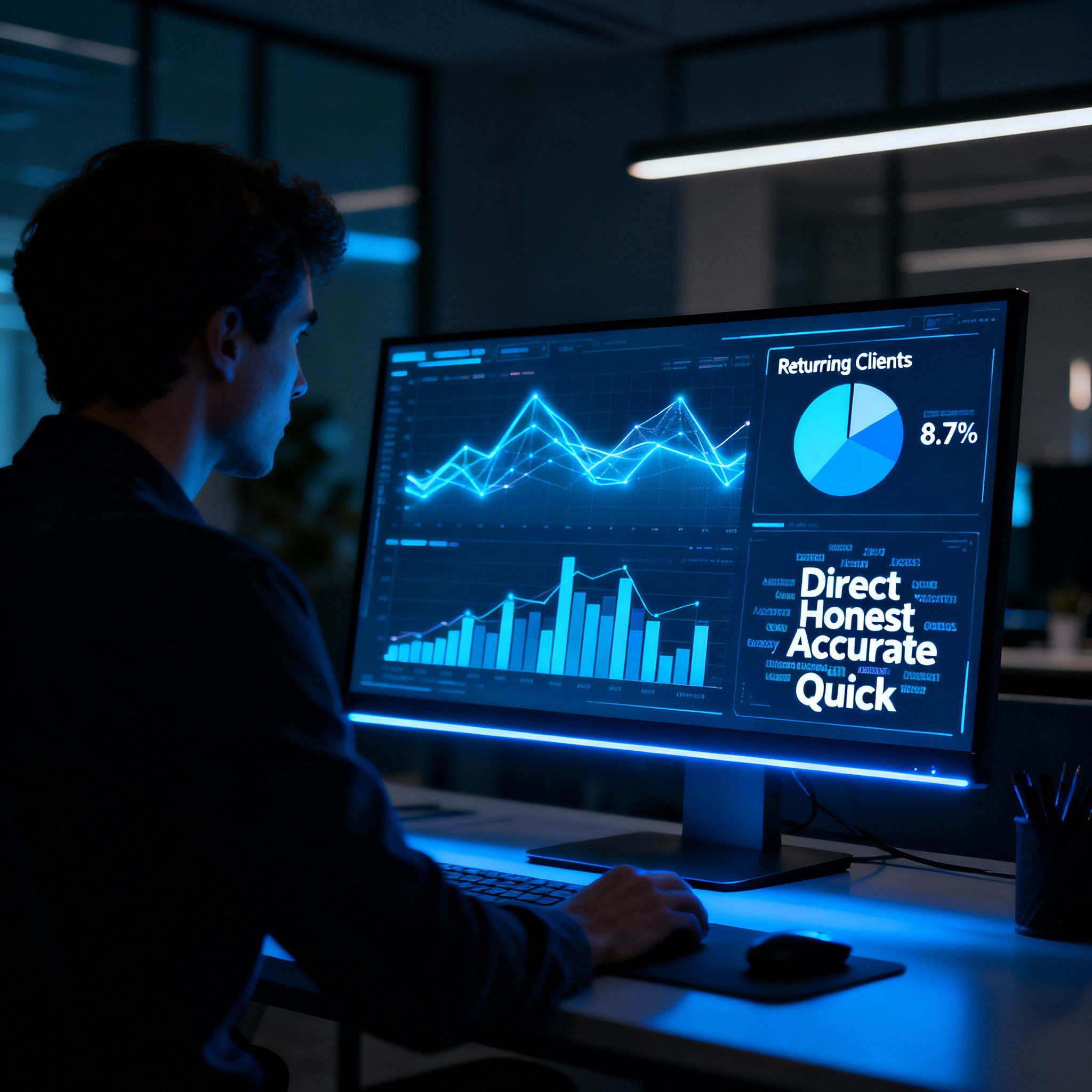 A modern computer screen displaying user feedback data charts about a psychic service, such as graphs and word clouds, illustrating an in-depth analysis of service quality.