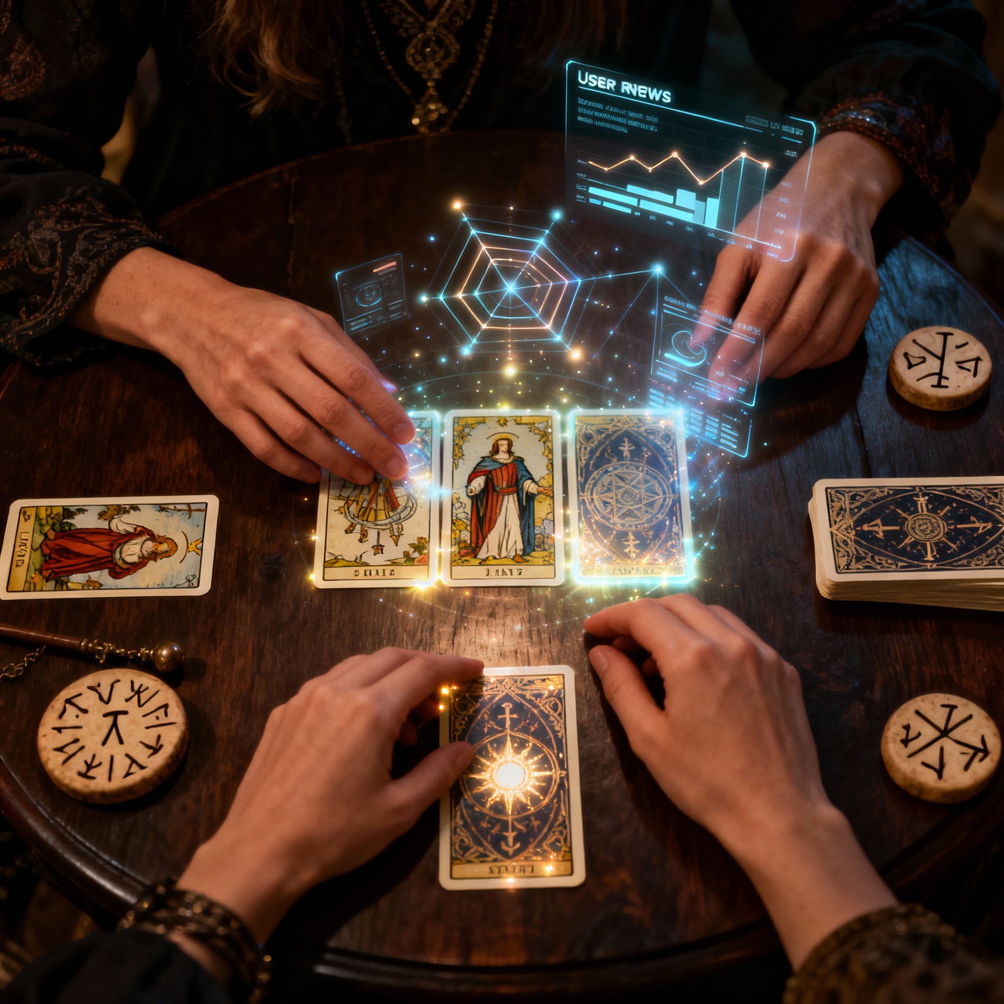 A top-down view of a table where a psychic's hands are arranging glowing runes and tarot cards. Abstract data charts representing user reviews float above the table, with light blending the intuitive tools with data analysis.