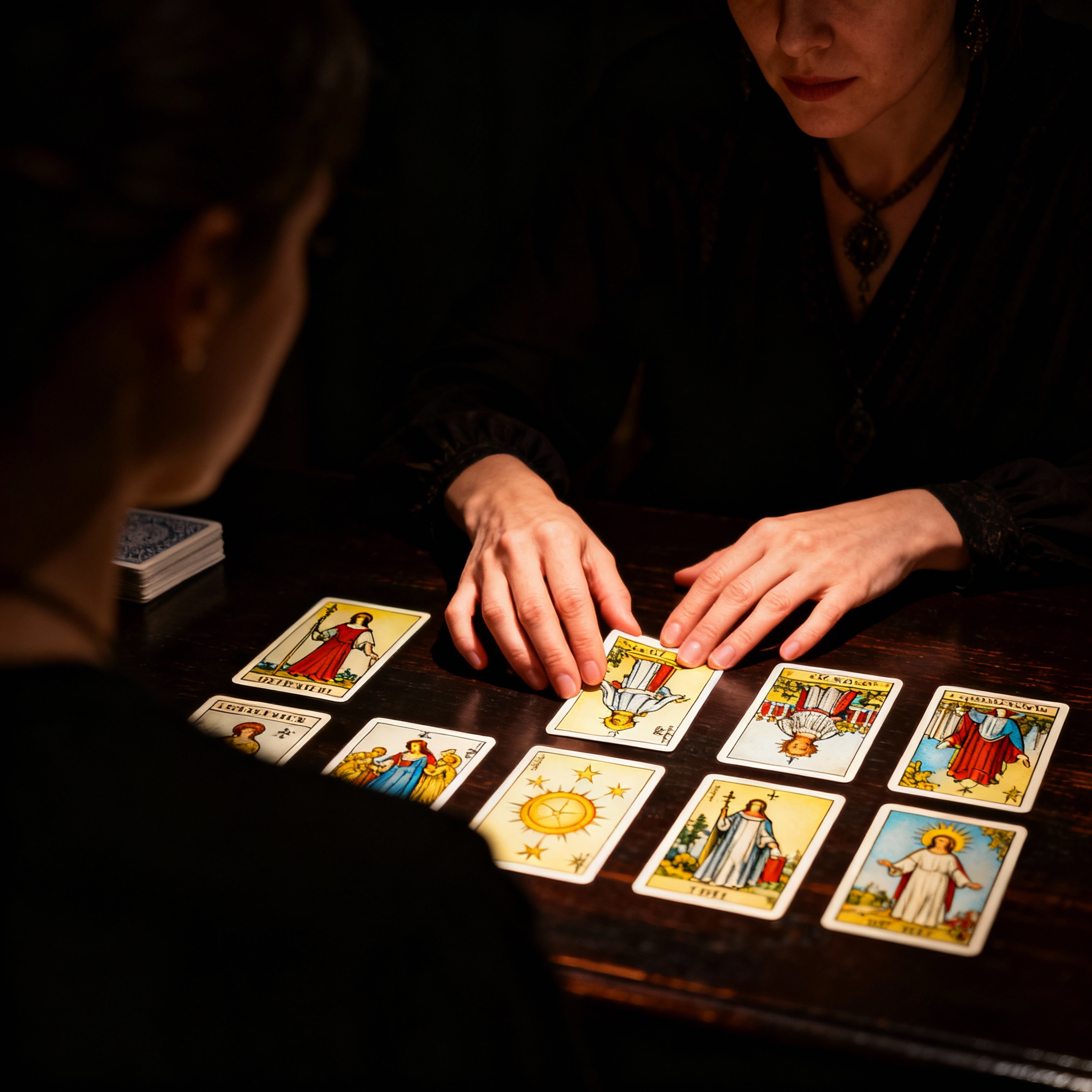 A consultation scene from the client's perspective, showing psychic Waneetah intently interpreting Tarot cards spread on a wooden table. Her hands are gesturing over the cards, with light focused on the cards and her focused expression, creating an intimate and insightful atmosphere.