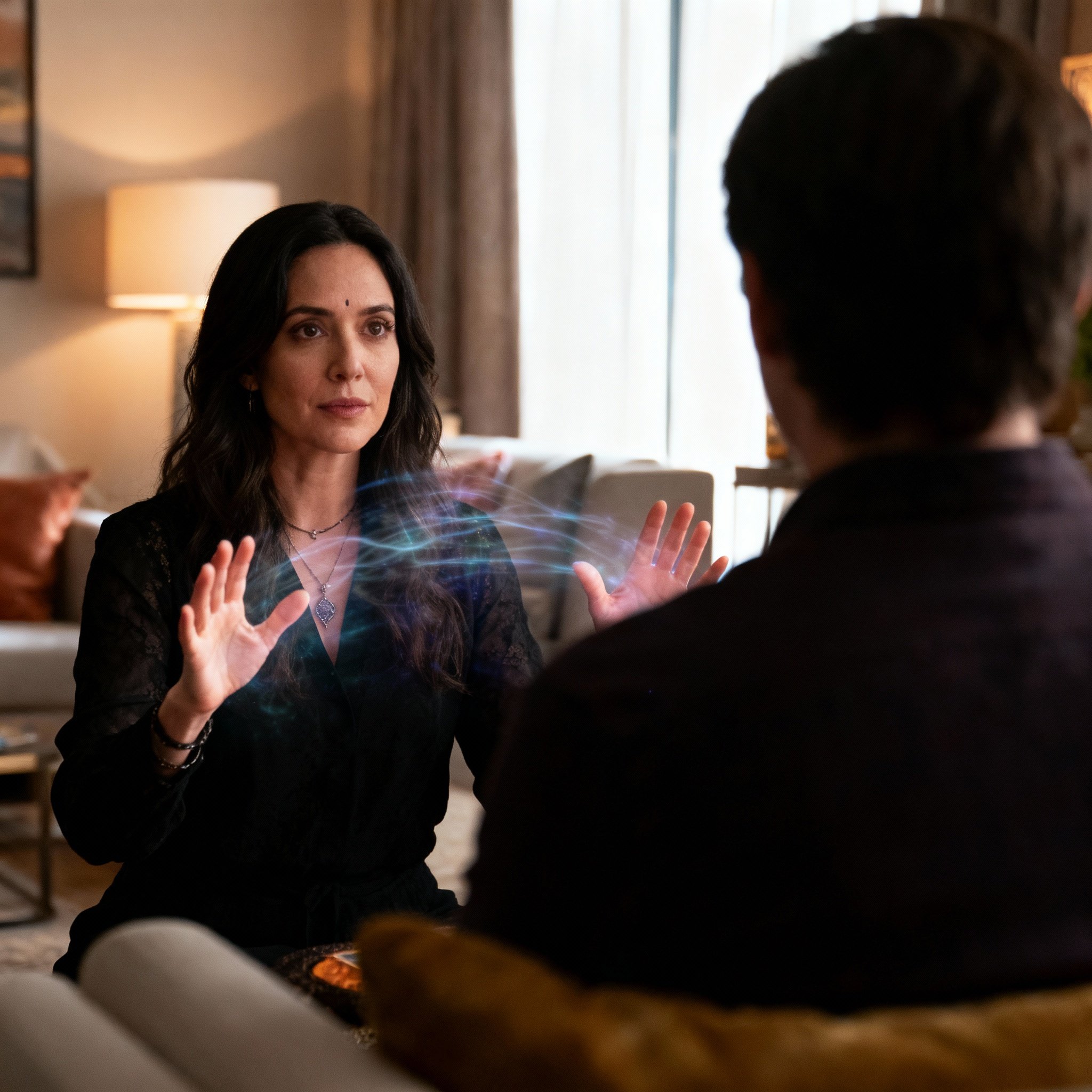 During a consultation, a client listens intently to a psychic's insights. The psychic has her eyes closed, as if channeling energy, with subtle light flowing around them, representing the flow of information and a moment of clarity.