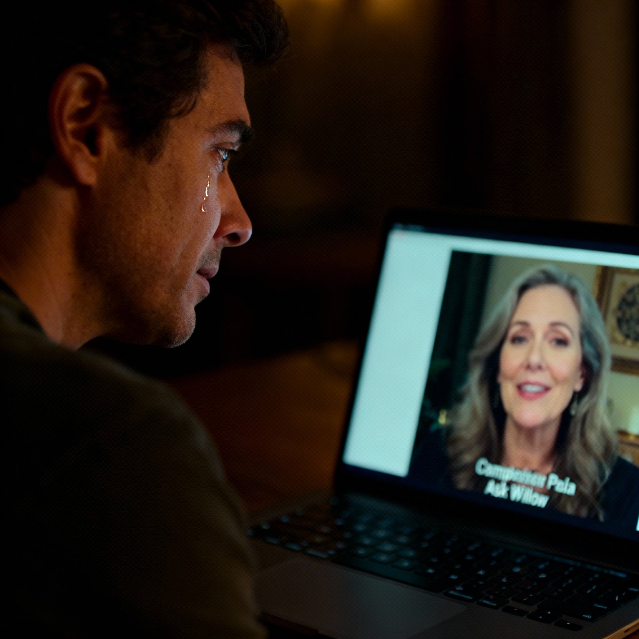 A client is having an online video consultation with psychic Ask Willow. The screen shows the psychic's focused and compassionate face, while the client's face shows an emotional shift from confusion to relief. The image emphasizes emotional connection and the moment of clarity.