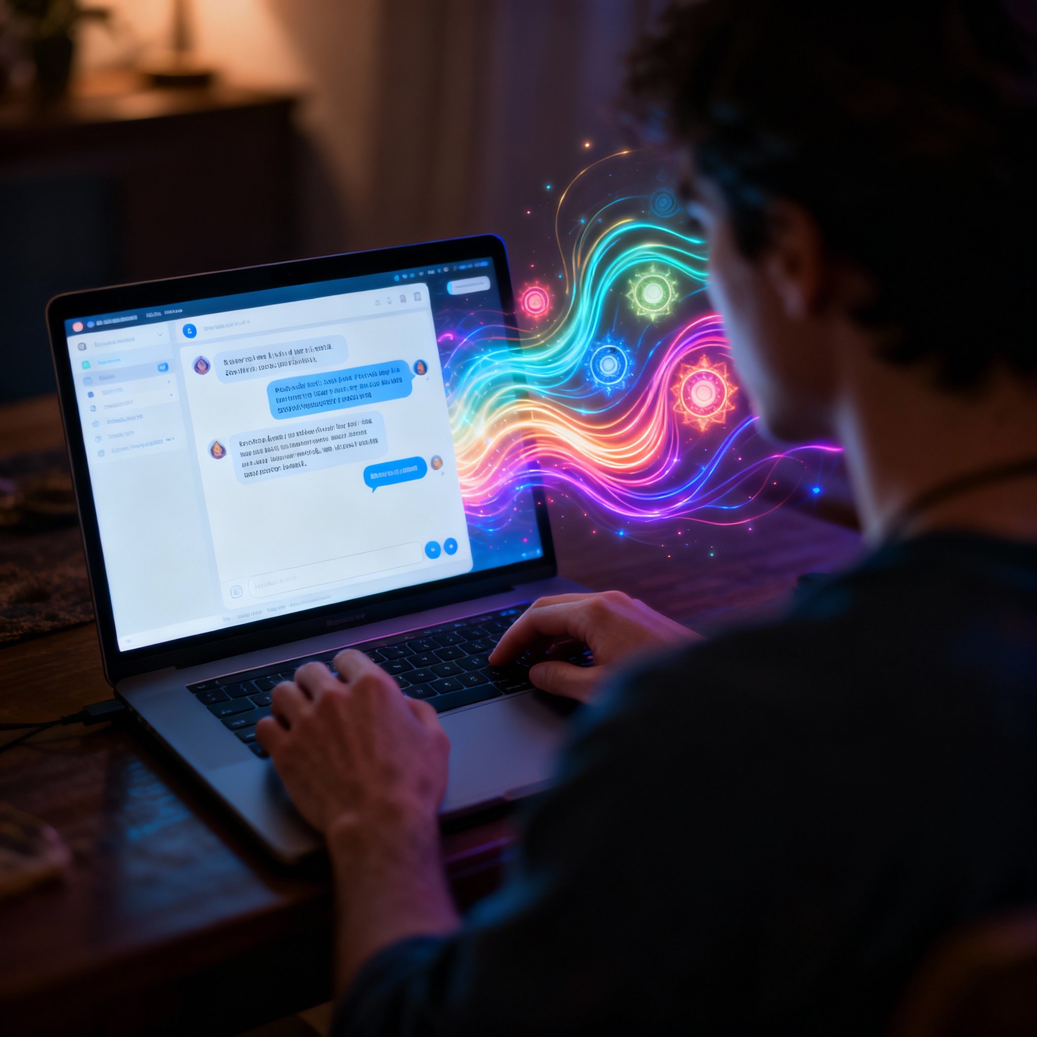 An over-the-shoulder view of a person in a psychic chat session. On the screen, colorful, glowing energy auras representing chakras float next to the chat window, symbolizing a deep reading of an emotional issue.