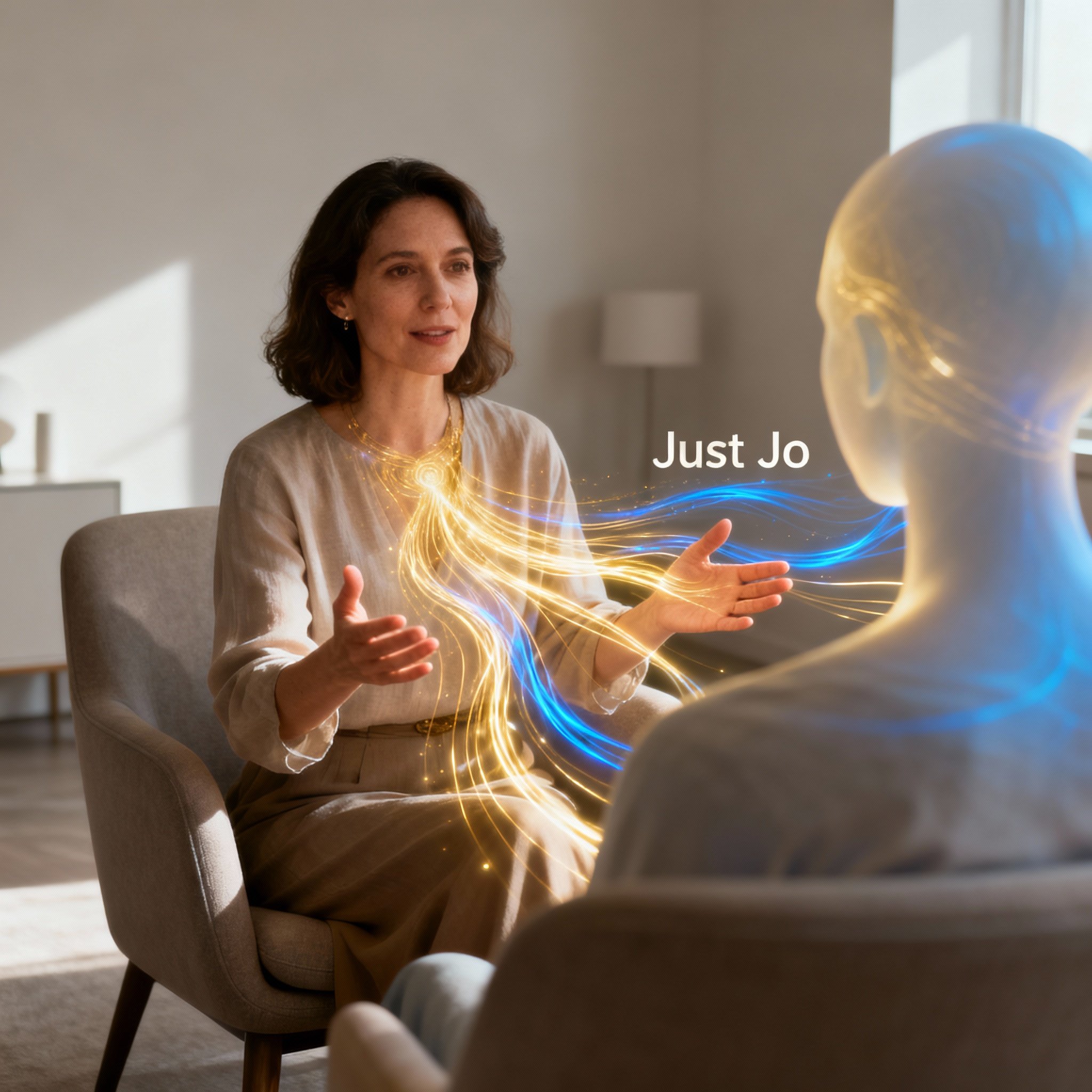 During a consultation, psychic Just Jo's hands hover gently, as if sensing a client's emotional energy. Abstract, soft streams of light flow between them, symbolizing the process of energy healing, clearing blockages, and gaining deep insight.