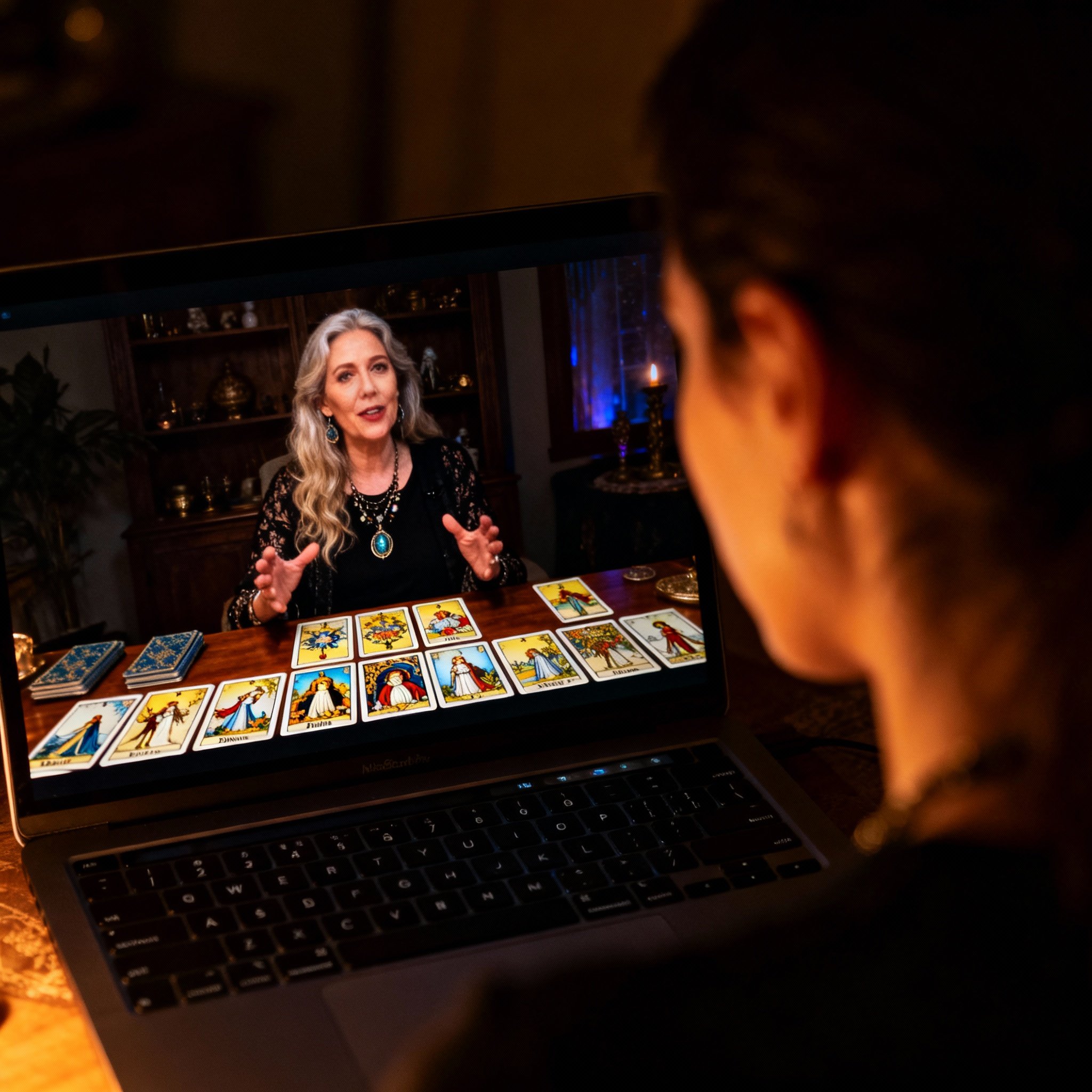 An over-the-shoulder view of a client having a video call with psychic Divine Iris on a laptop. On screen, Iris is listening intently and empathetically, with glowing tarot cards spread on the desk in front of her. The screen's glow illuminates the client's face, capturing a moment of dawning realization and clarity.