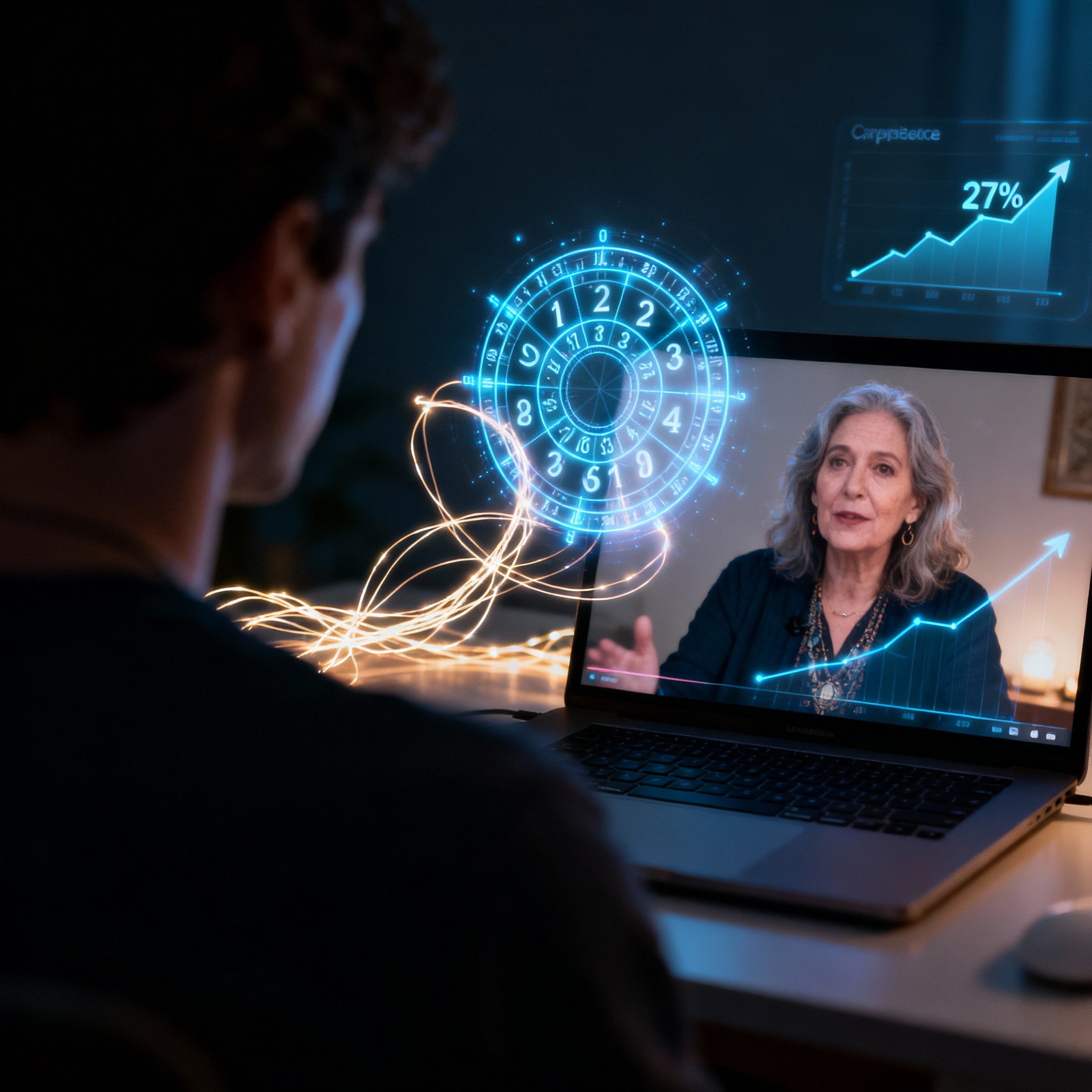 A scene of a client having an online video consultation with a psychic. On the screen, the psychic listens intently, against a background of abstract energy flows and numerical charts, symbolizing the interpretation of life paths and karmic lessons.