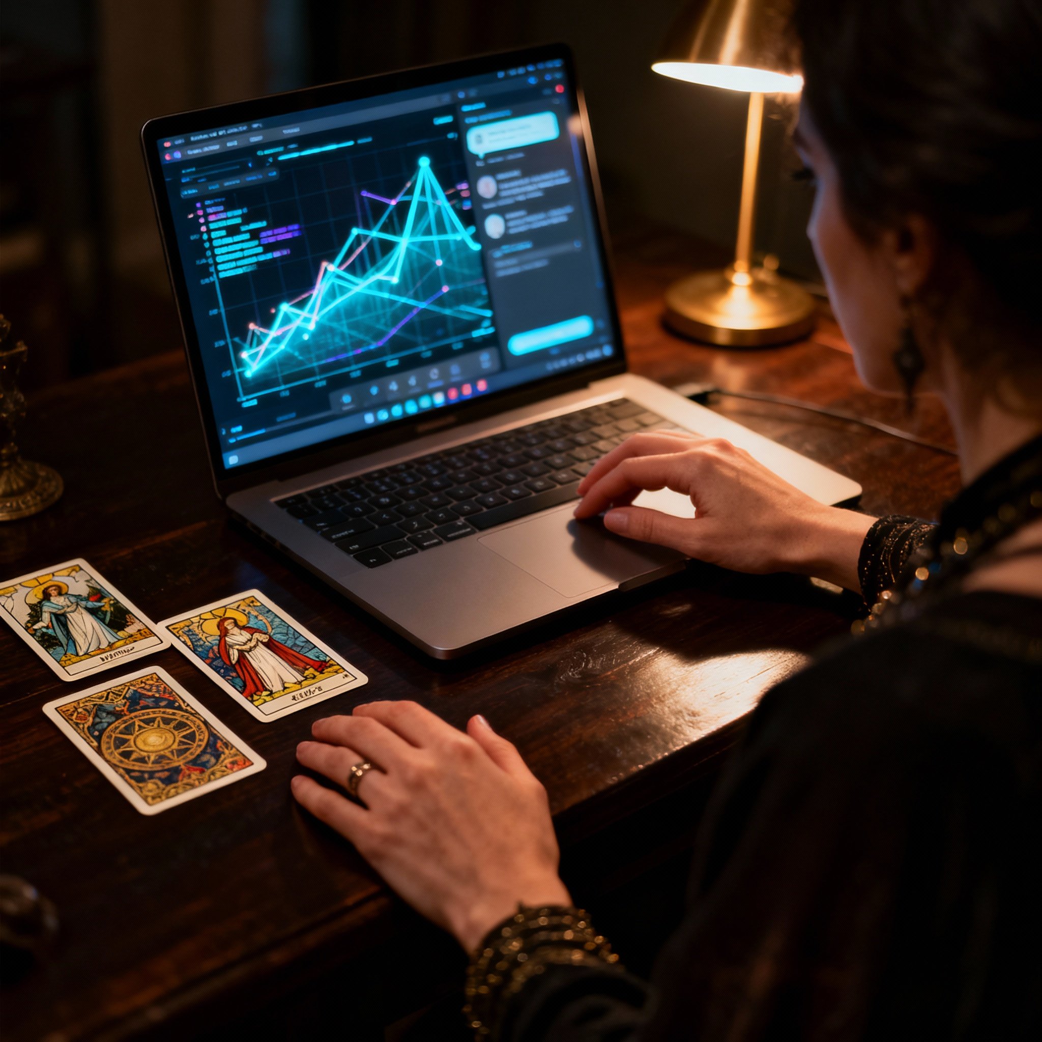 An over-the-shoulder view of a psychic conducting a virtual reading. On the desk are several tarot cards next to a laptop displaying abstract data charts, symbolizing the blend of intuition and analysis.