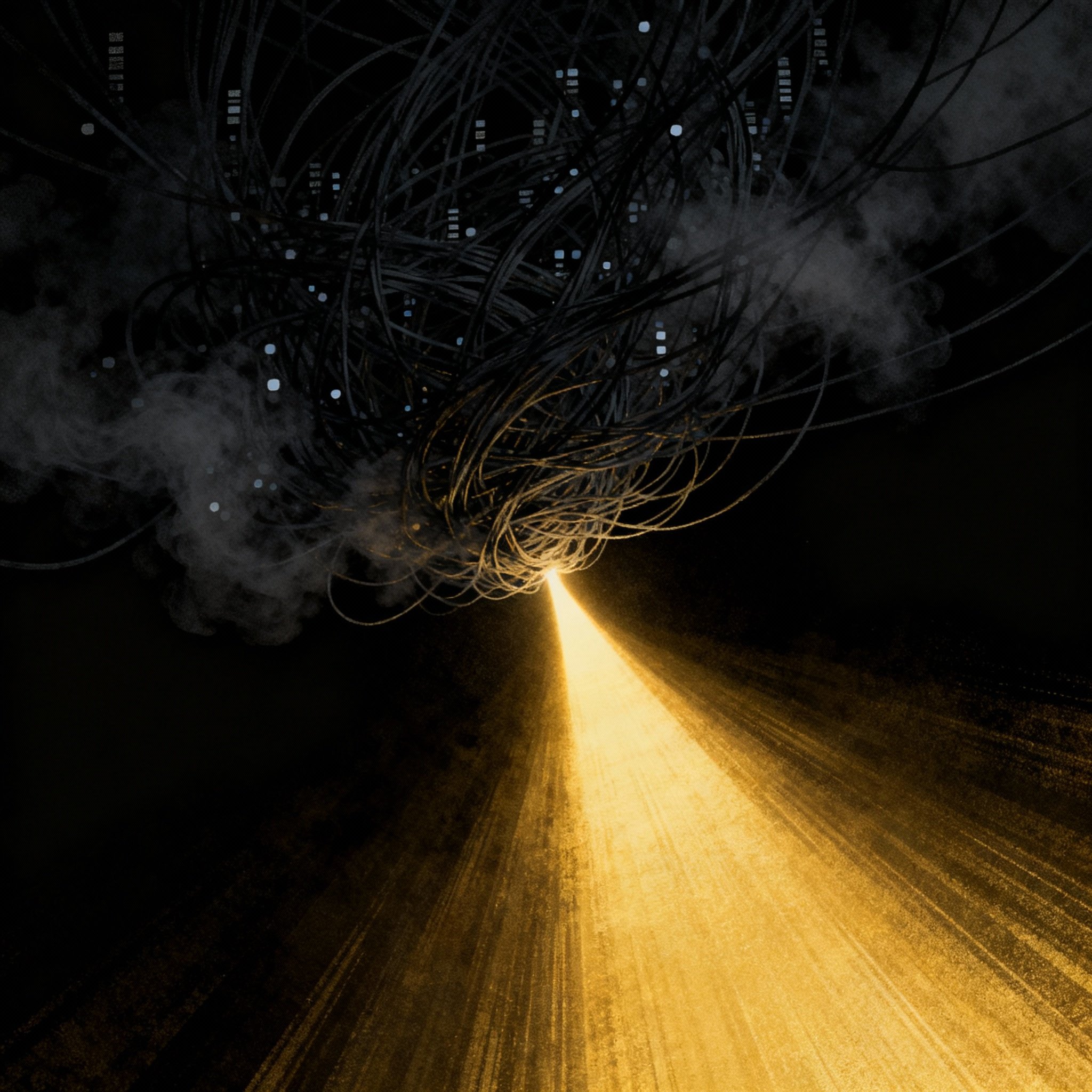 A symbolic image showing tangled lines and data points transforming into a single, clear, and bright path of light during an online consultation, representing the journey from confusion to insight.