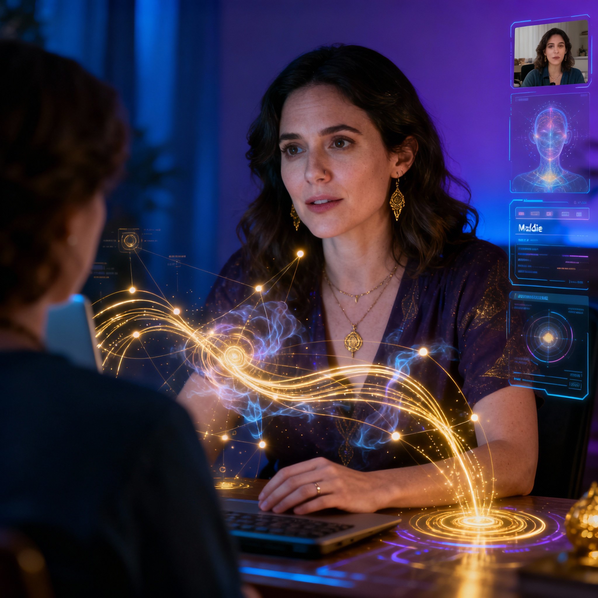 A scene of psychic Maddie in an online consultation. She is listening intently, and abstract light trails represent the flow and interpretation of energy.