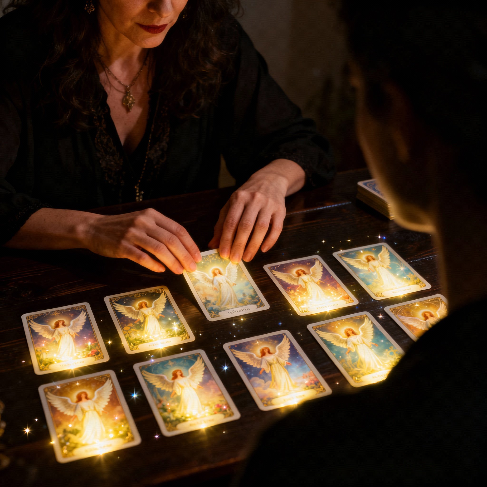 The psychic, The Italian Mystica, during a consultation, intently looking at angel cards on a table as her hands emit a soft glow, symbolizing the interpretation of emotions and future insights for a client.