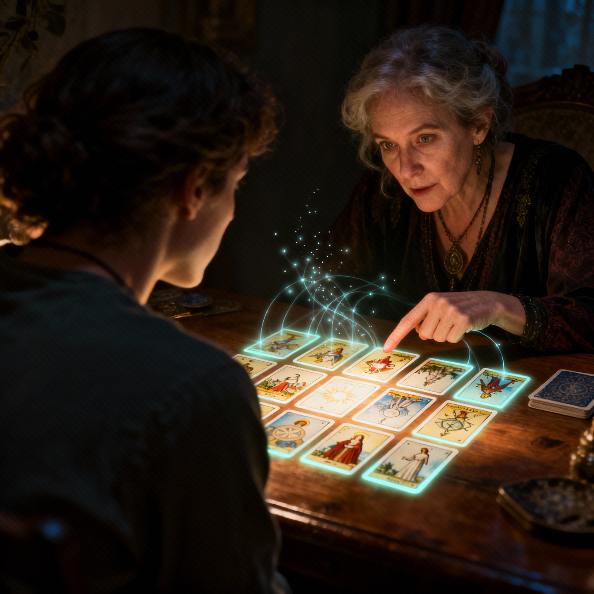 From a client's perspective, psychic Lottie is interpreting glowing Tarot cards on a wooden table. She points to one with focus as light particles flow between the cards and her, symbolizing energetic insight.