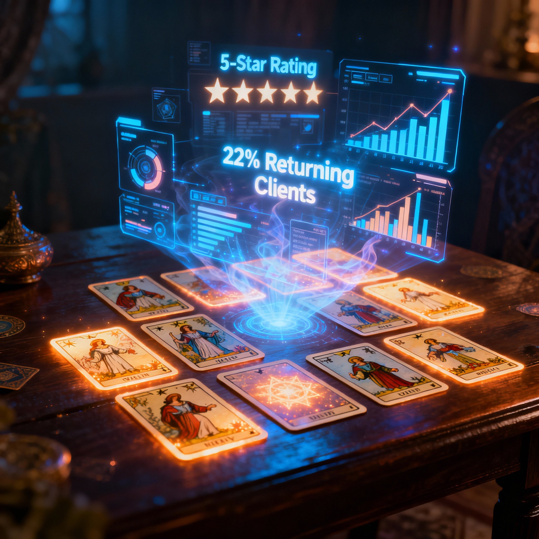 A conceptual art scene showing tarot cards combined with data charts. Glowing tarot cards are laid out on a table, with holographic data visualizations representing client satisfaction and return rates floating above, symbolizing intuitive insights validated by real data.