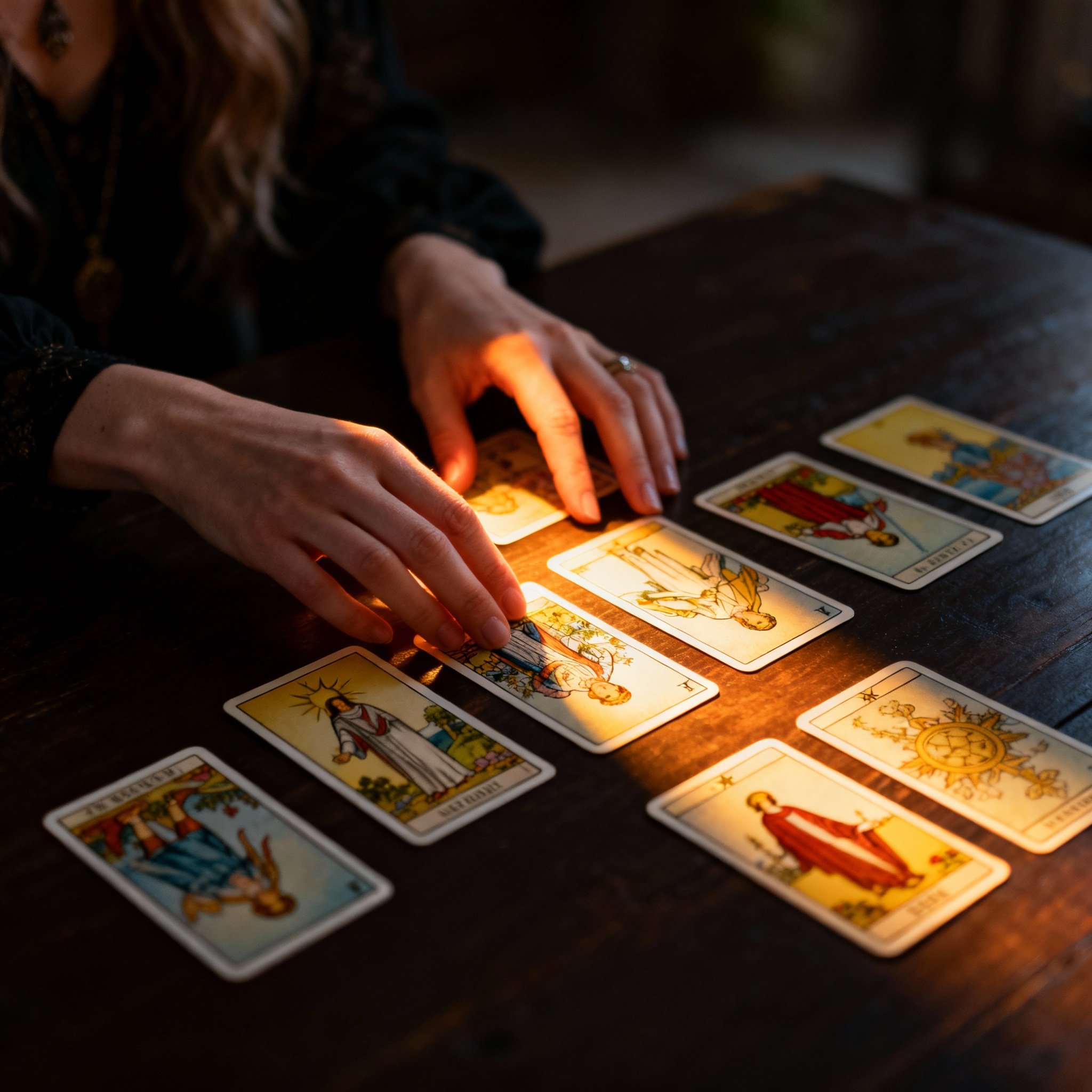 A first-person view from a client's perspective, watching a psychic's elegant hands lay out Tarot cards. Light focuses on the cards, revealing clear answers and guidance, filled with hope and certainty.