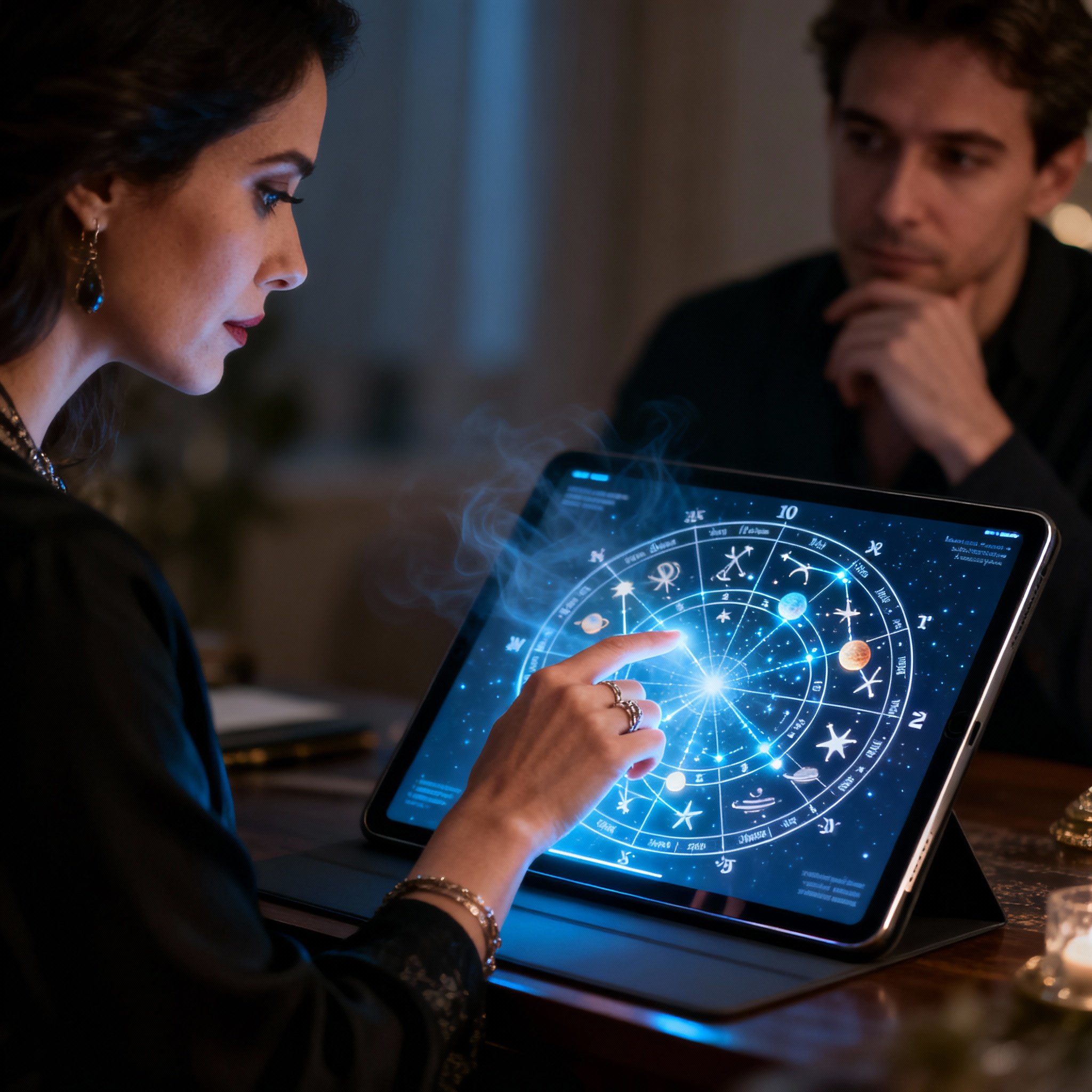 A psychic advisor interprets a complex, glowing astrological chart on a digital tablet for a client, her finger pointing to a key planetary alignment, showcasing professionalism, focus, and insight.
