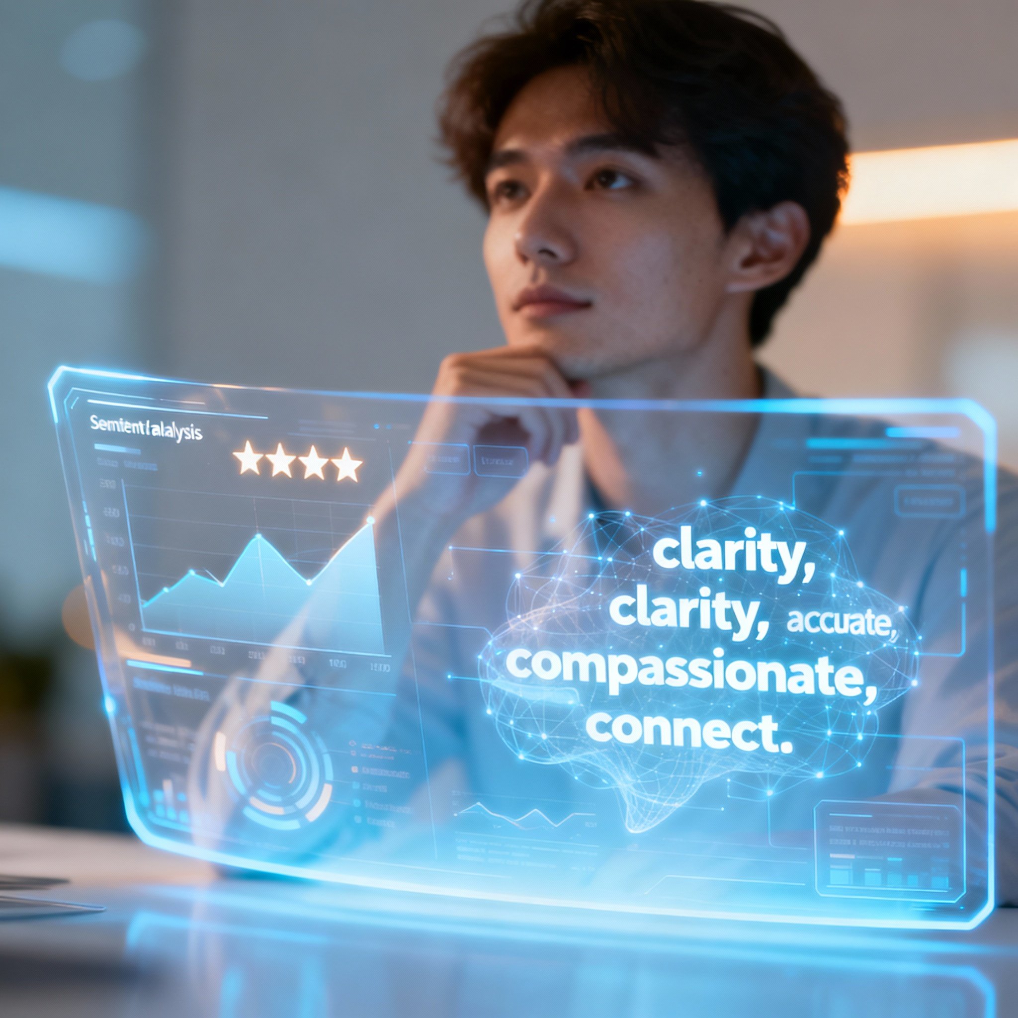 An analyst studying a luminous digital interface displaying sentiment analysis charts and keyword clouds from user reviews, representing data-driven insights into the psychic service.