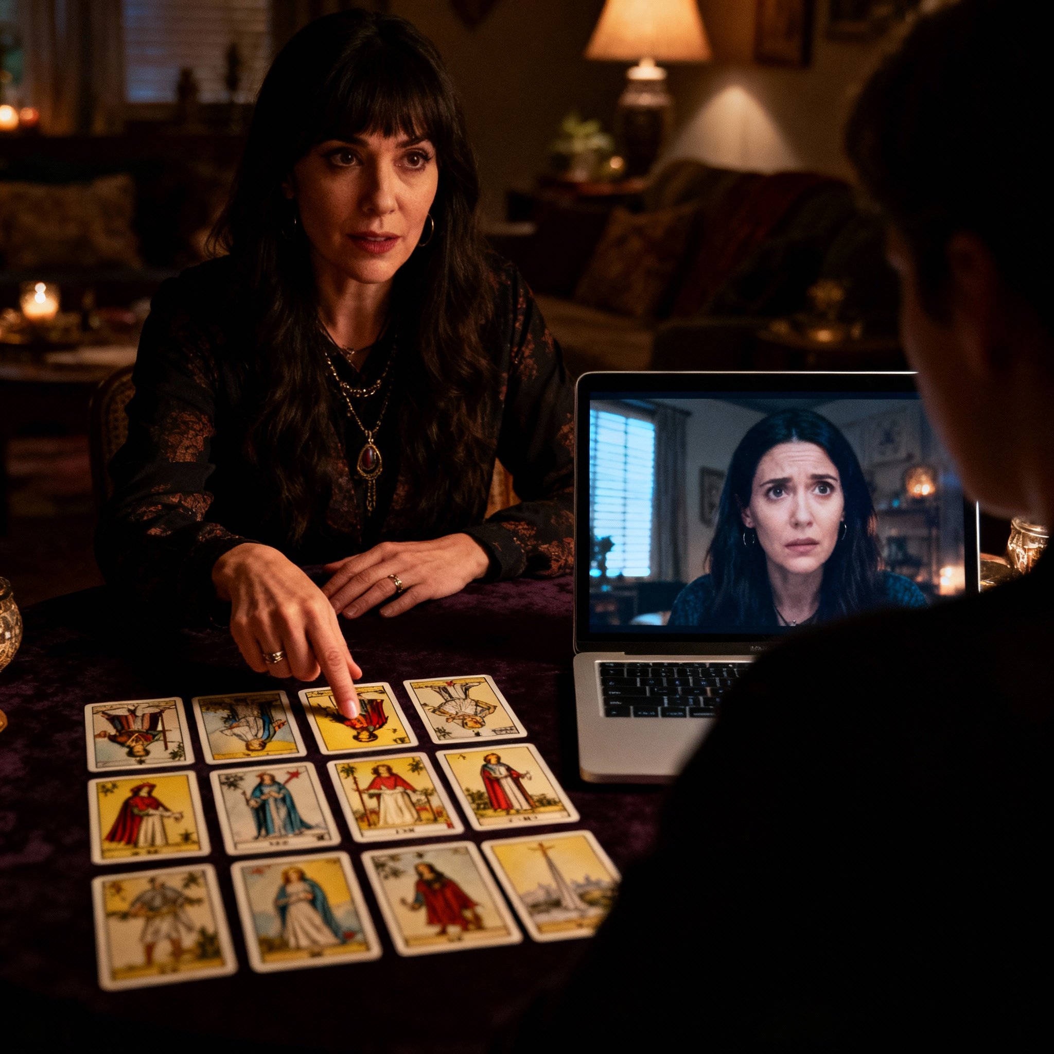 A scene of an online tarot reading where the psychic is explaining the cards on the table, while the client on the other side of the screen looks confused, illustrating the tension between generic teaching and personal insight.