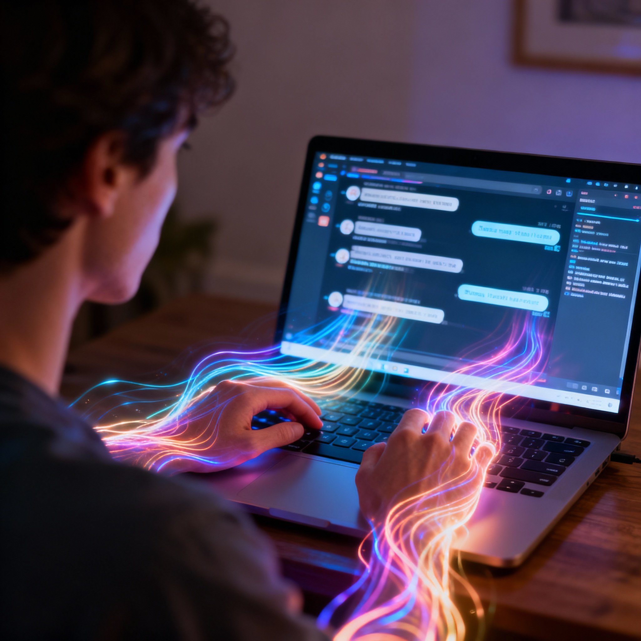 A close-up of a laptop screen showing a fast-paced chat between a psychic and a client, with abstract light streams flowing out, symbolizing energetic connection and information analysis.