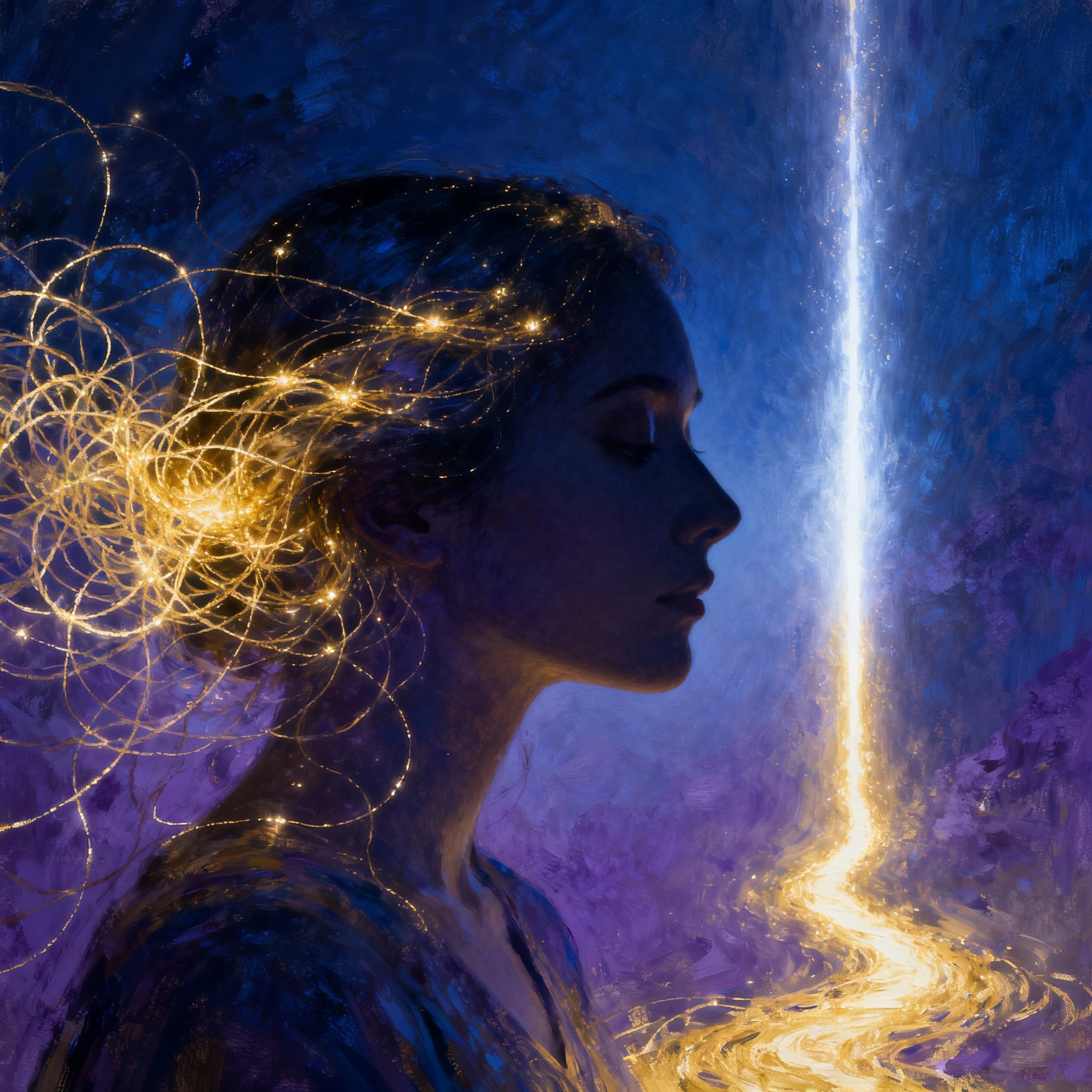 A conceptual image showing a psychic listening, and within her silhouette, chaotic lines of light transform into a single, clear, bright path, symbolizing the epiphany and clarity gained from a reading.