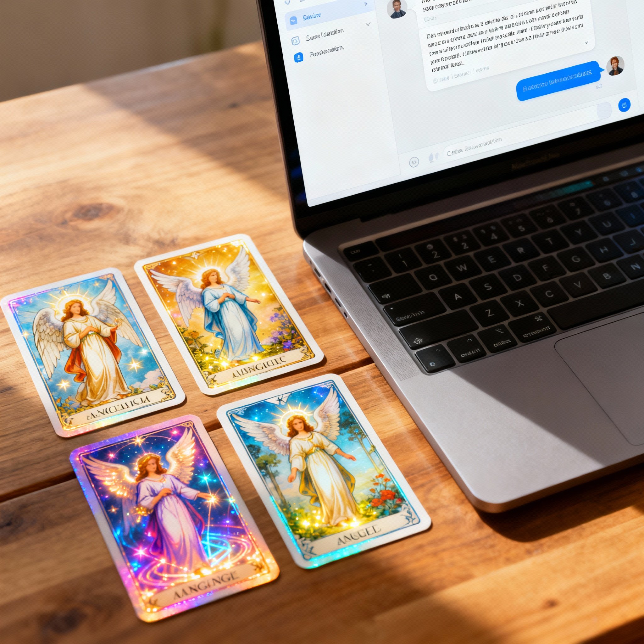 An image showing a psychic consultation scene, with Tarot cards and a laptop displaying a chat interface on a table, representing the blend of traditional wisdom and modern technology.