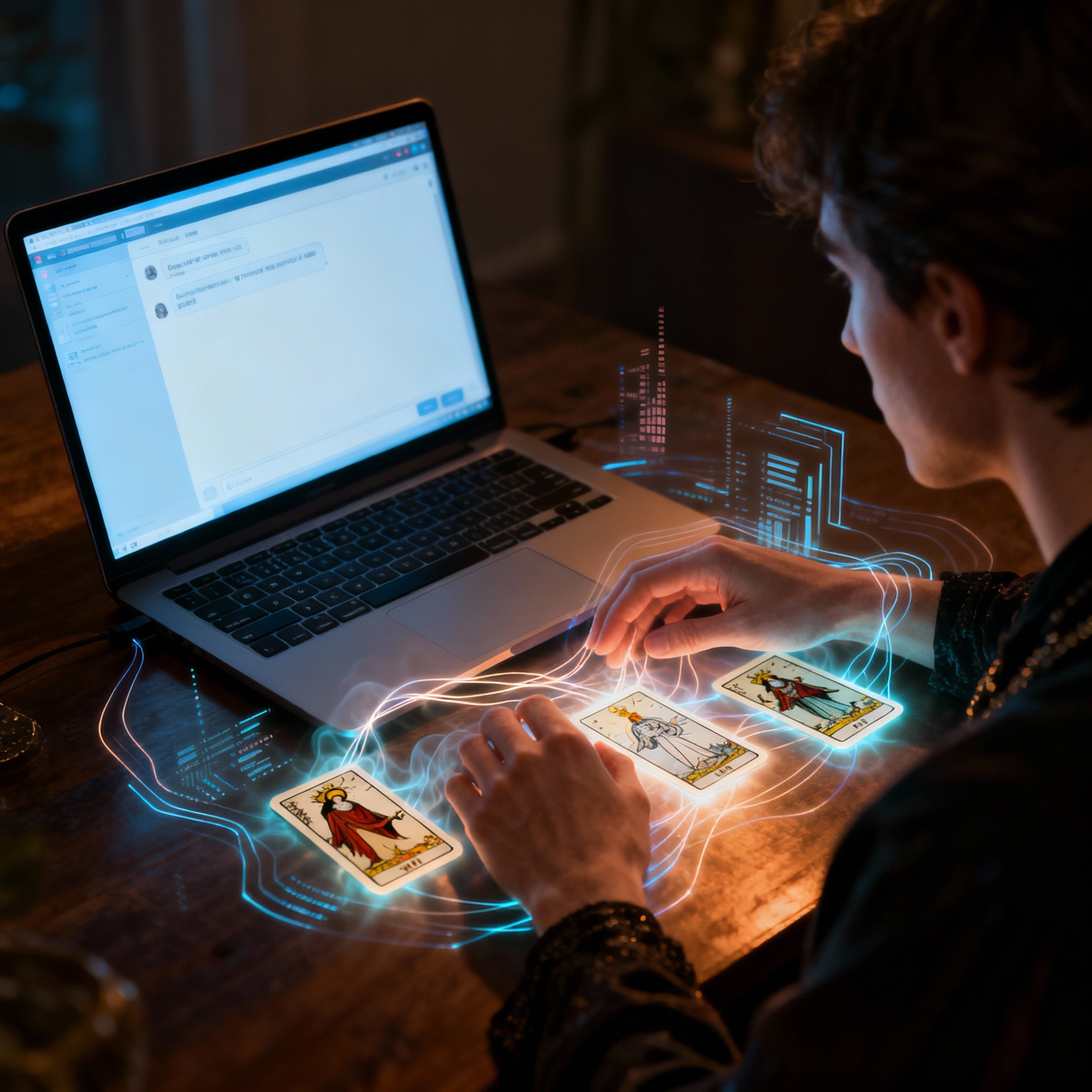 An over-the-shoulder view of a client's online consultation. The screen shows a chat interface, and the advisor's hands are near the keyboard next to a few subtly glowing tarot cards, symbolizing the blend of intuition and data analysis.