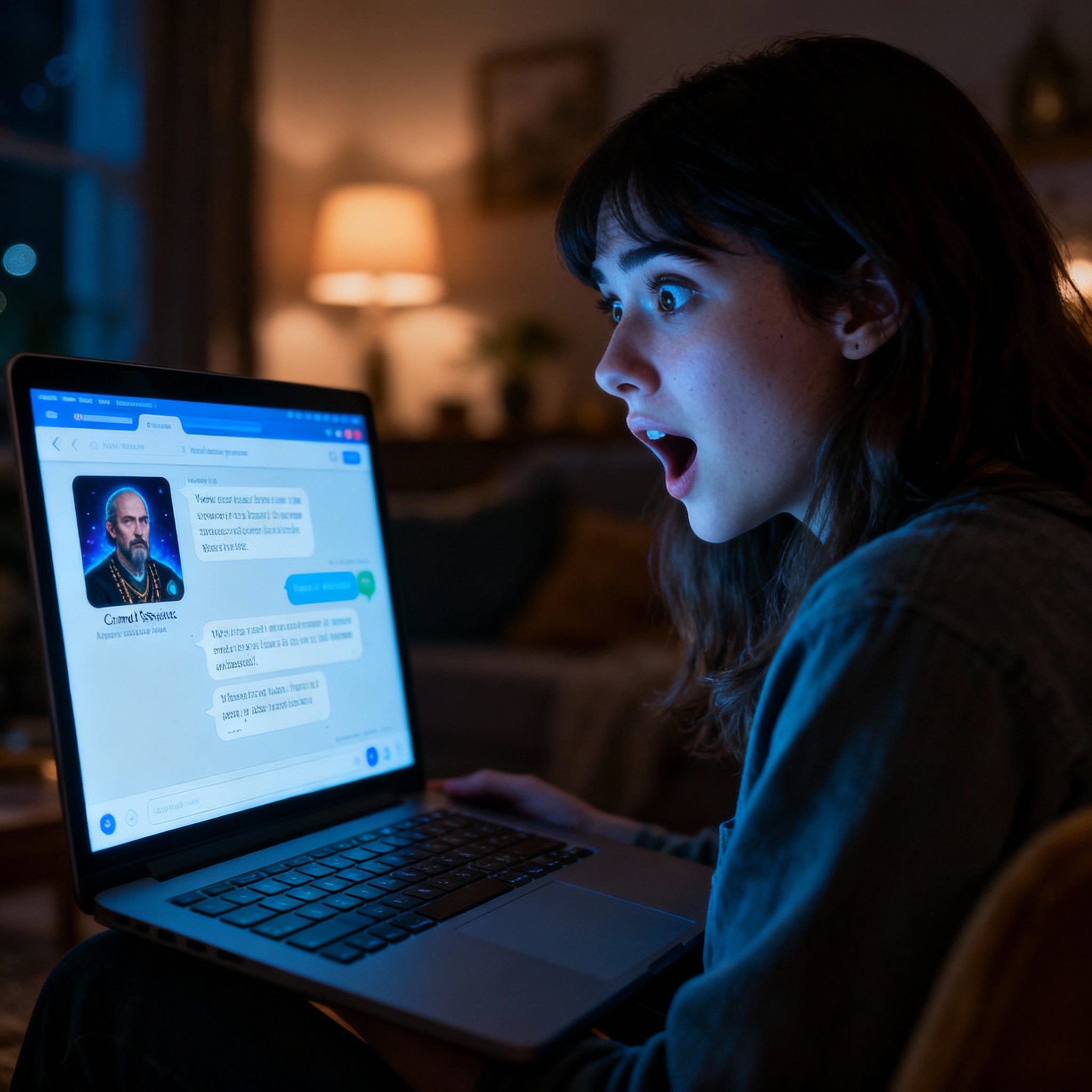 A user at home late at night, visibly shocked by the psychic consultation on her laptop screen. The screen's light illuminates her expression of surprise and dawning realization, illustrating the profound insight gained from the reading.