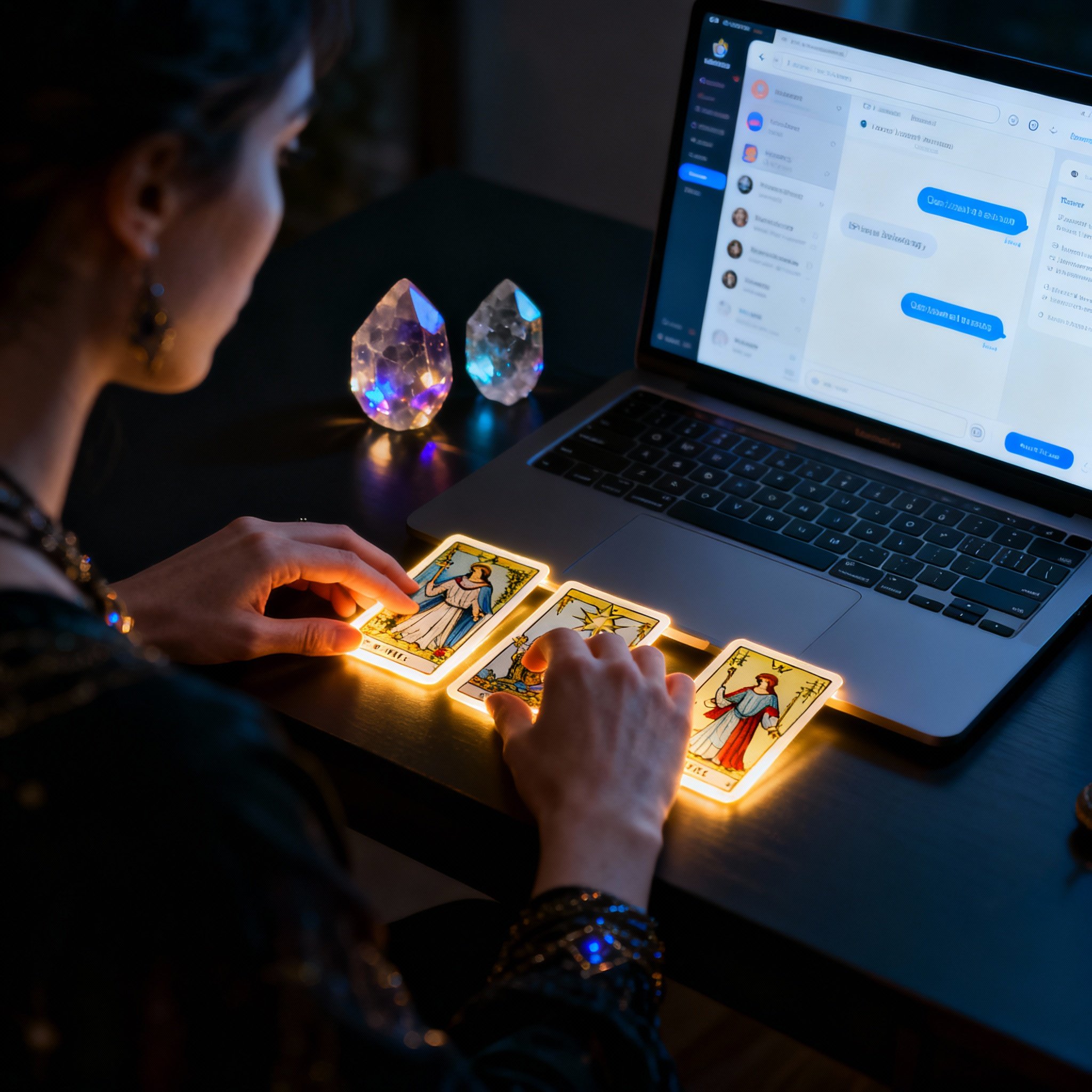 A scene illustrating an online psychic consultation. The focus is on glowing tarot cards and crystals on a desk, next to a laptop with an active chat interface, symbolizing the psychic's rapid connection and deep insight.