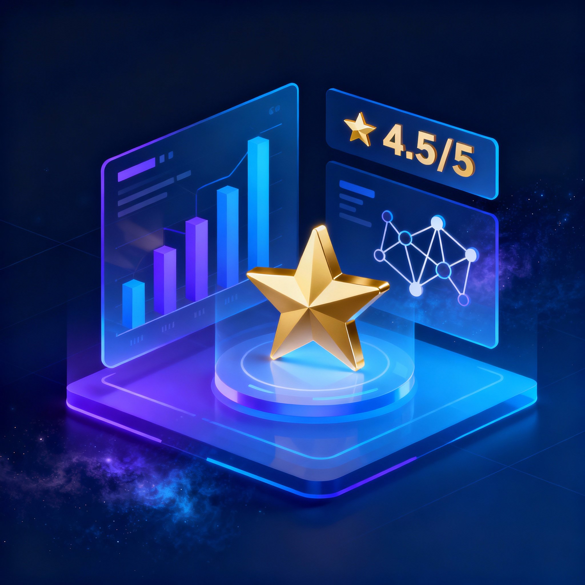An abstract artistic image showing glowing charts and star ratings, symbolizing the data analysis and insight process from 83 user reviews.