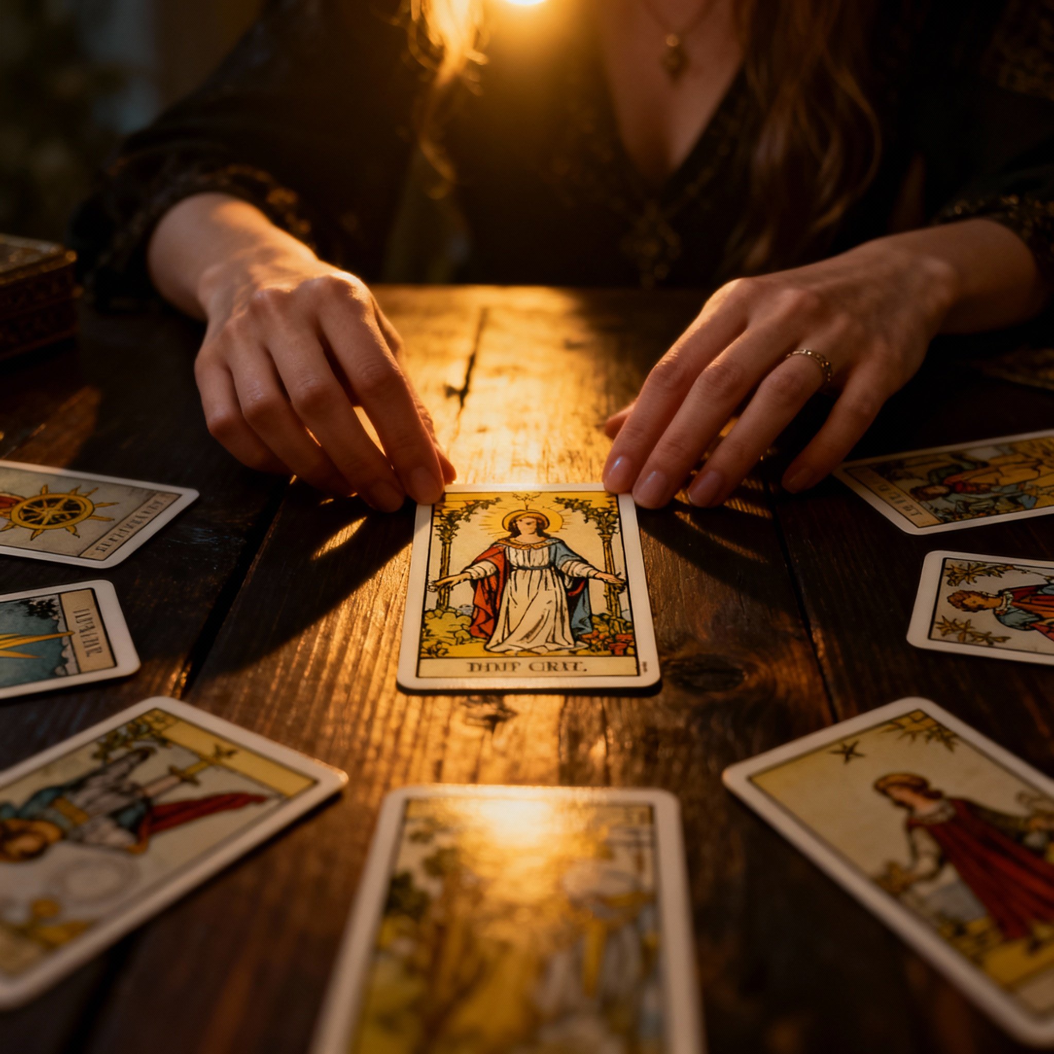 A close-up shot of a psychic's hands laying out several beautifully designed tarot cards on a dark wooden table. A focused beam of light illuminates the cards, symbolizing the act of providing clear explanations and profound insight to a client.