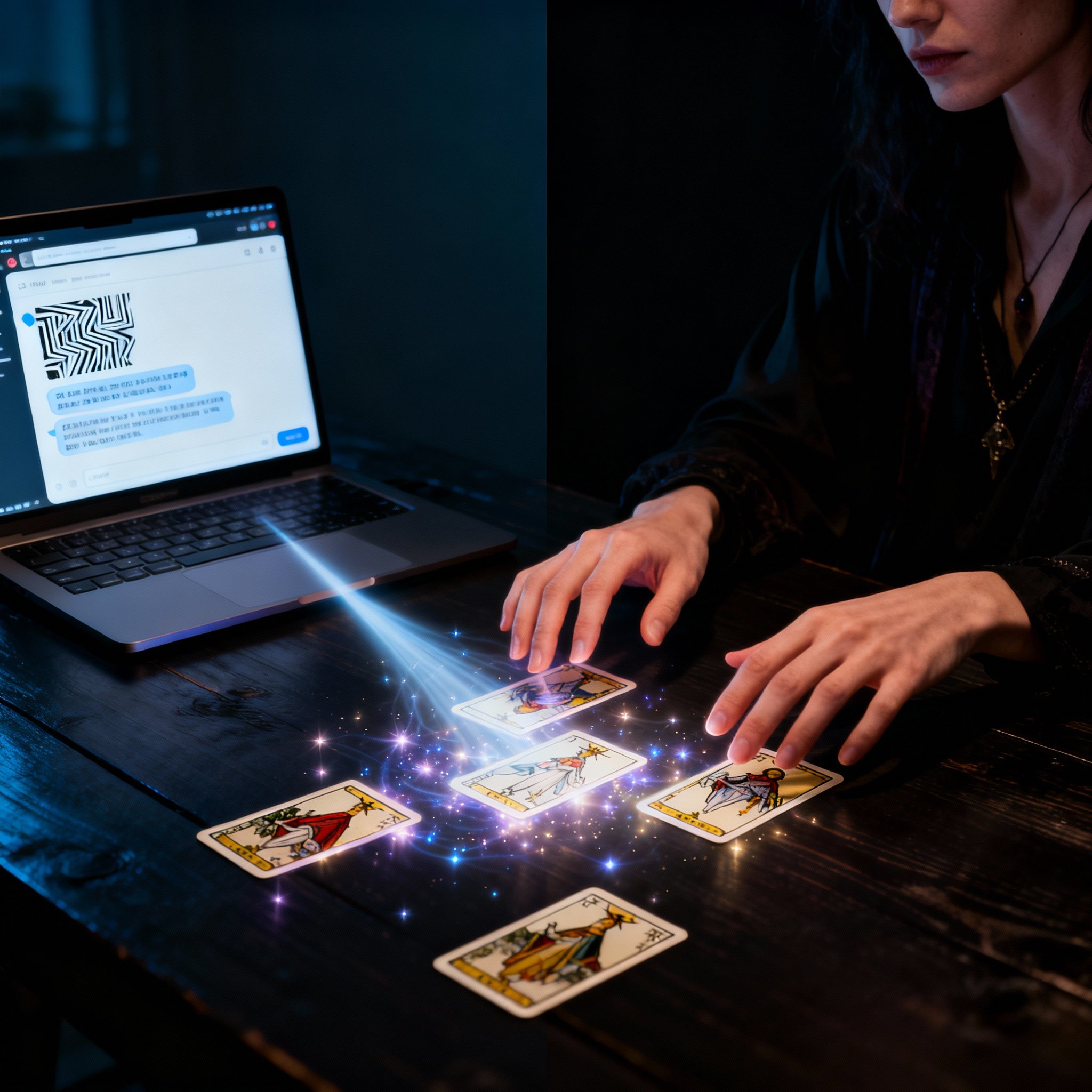 A scene of a consultation, showing the psychic's hands gently hovering over glowing tarot cards, while her other hand is near a laptop screen displaying a client's chat window, symbolizing the translation of intuitive insight into clear digital information.
