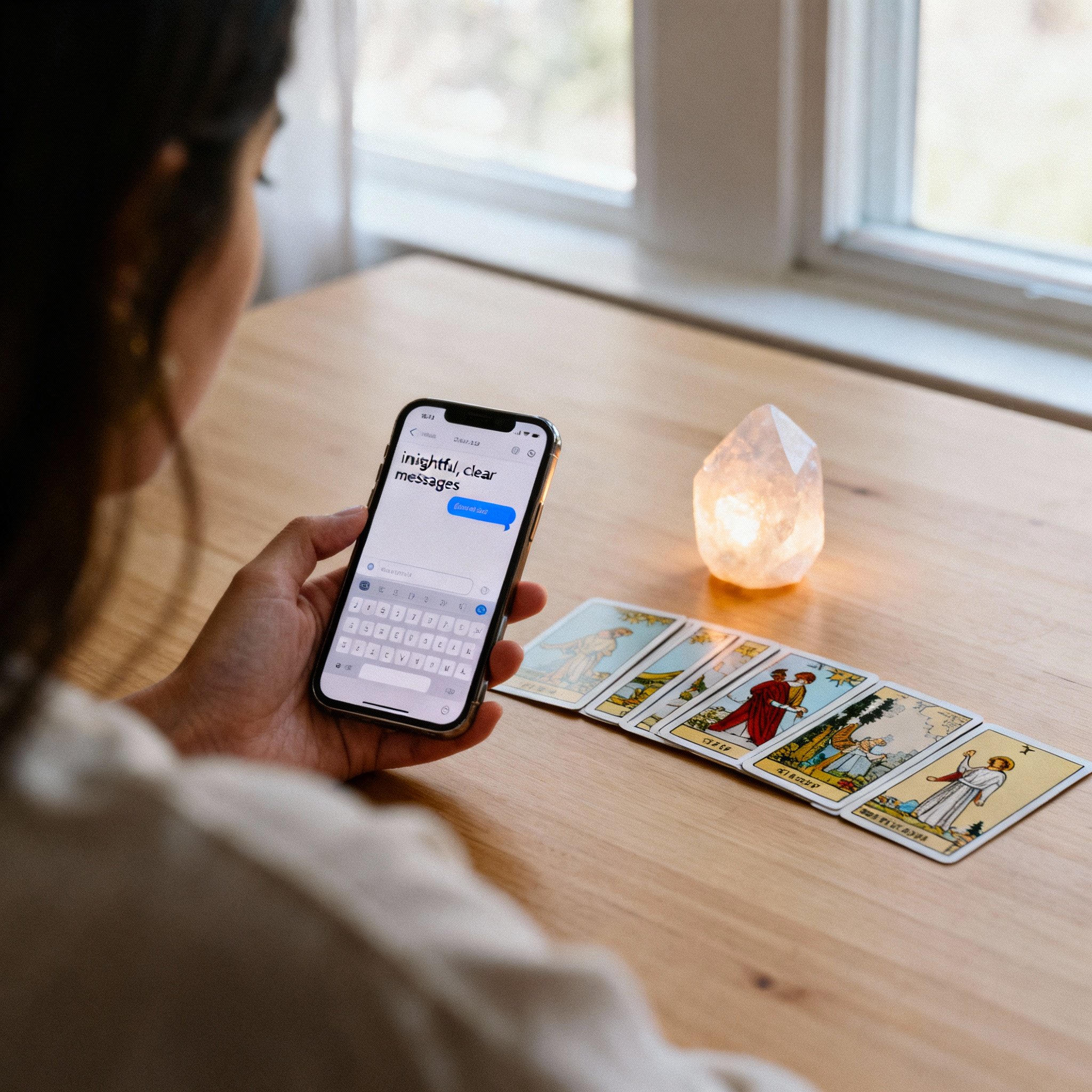 A client's perspective showing a smartphone screen with an active chat consultation with a psychic. Beside the phone, on a wooden table, lie tarot cards and a crystal, symbolizing clarity and insight gained through digital communication.