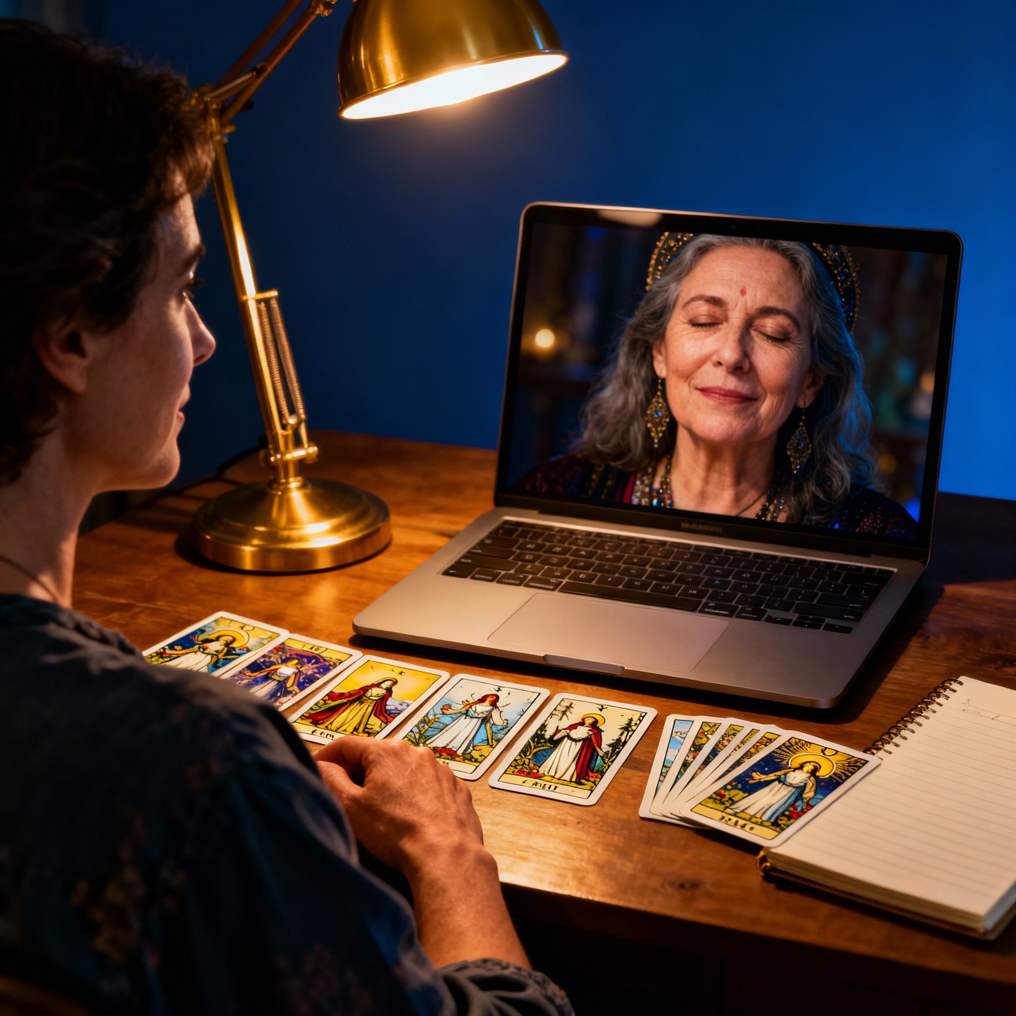 A client is in an online consultation with a psychic, with tarot cards on the desk. The client's expression shifts from confusion to relief, showing the emotional change after receiving clear guidance.