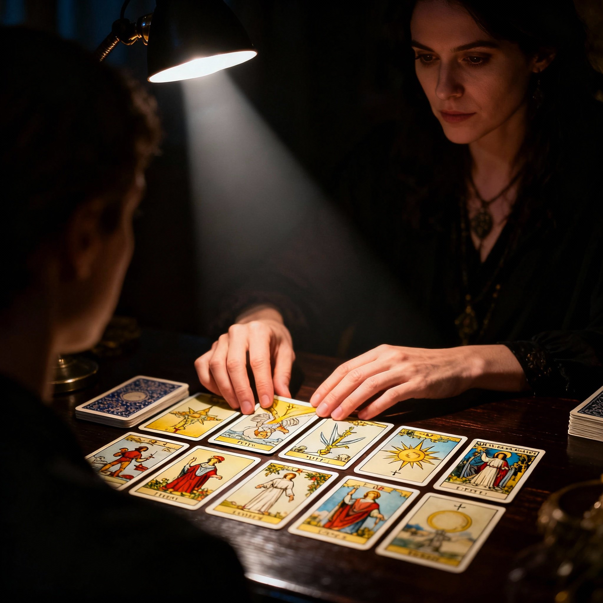 From the client's perspective, a psychic's hands are intently pointing to a single card in a tarot spread, with light focusing on the card, symbolizing clarity being brought to a complex issue.