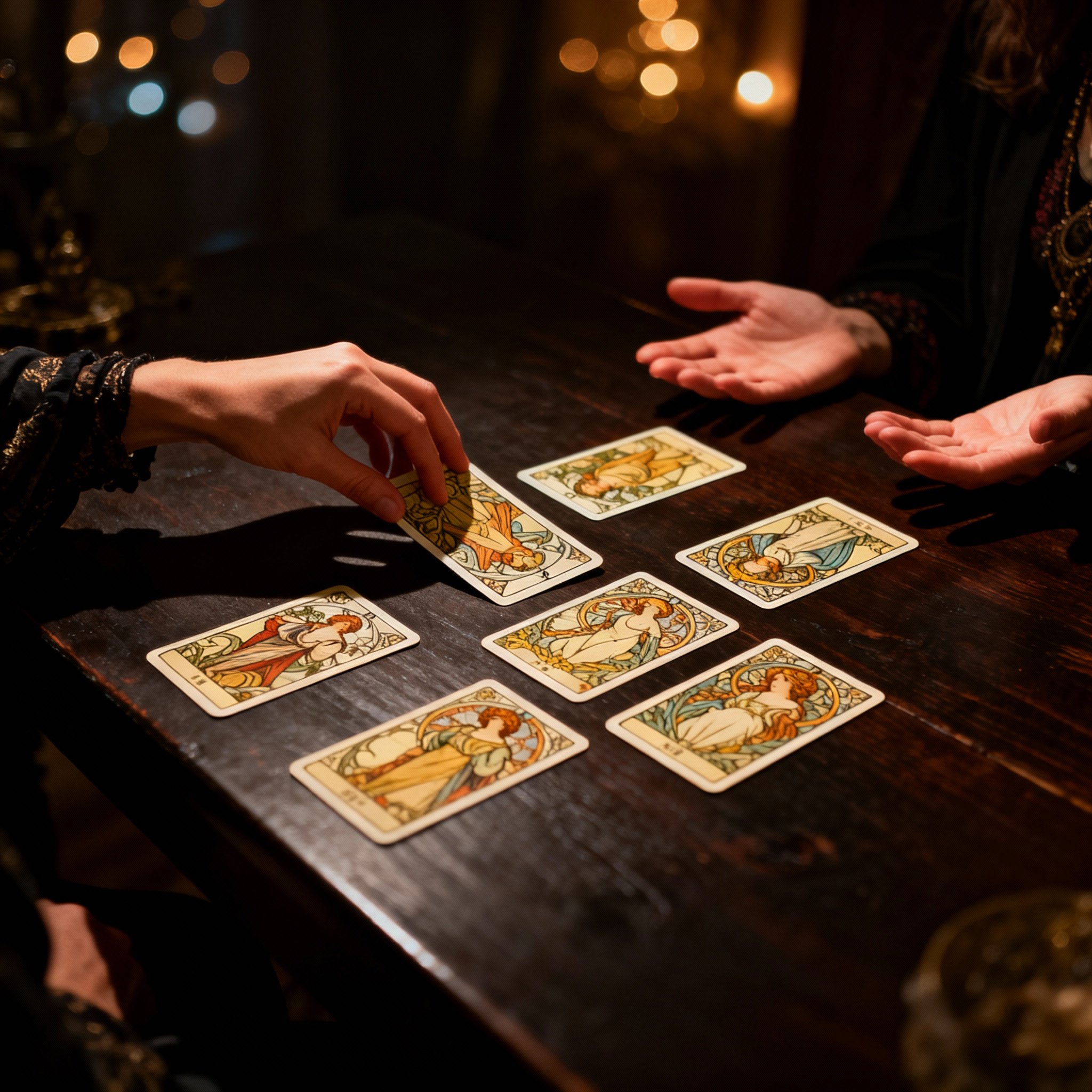 An over-the-shoulder view of a tarot reading session. The advisor's hands are spreading beautifully designed tarot cards on a wooden table, with the client's hands nearby, conveying focus and revelation.