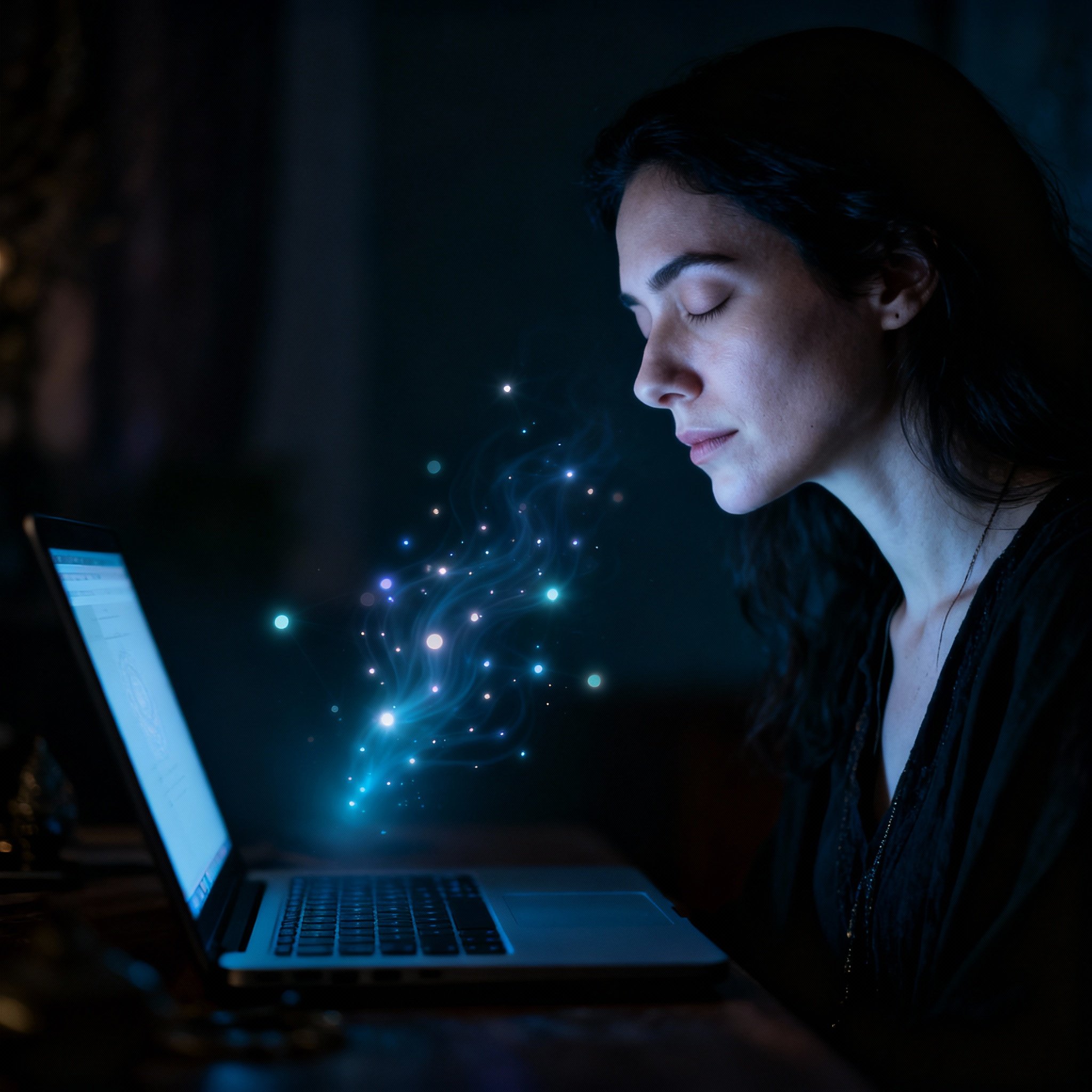 A psychic medium during a video call consultation. Her eyes are closed in deep concentration, one hand gently placed on her chest. A soft glow from the screen symbolizes the energetic and intuitive connection she is making with a client.