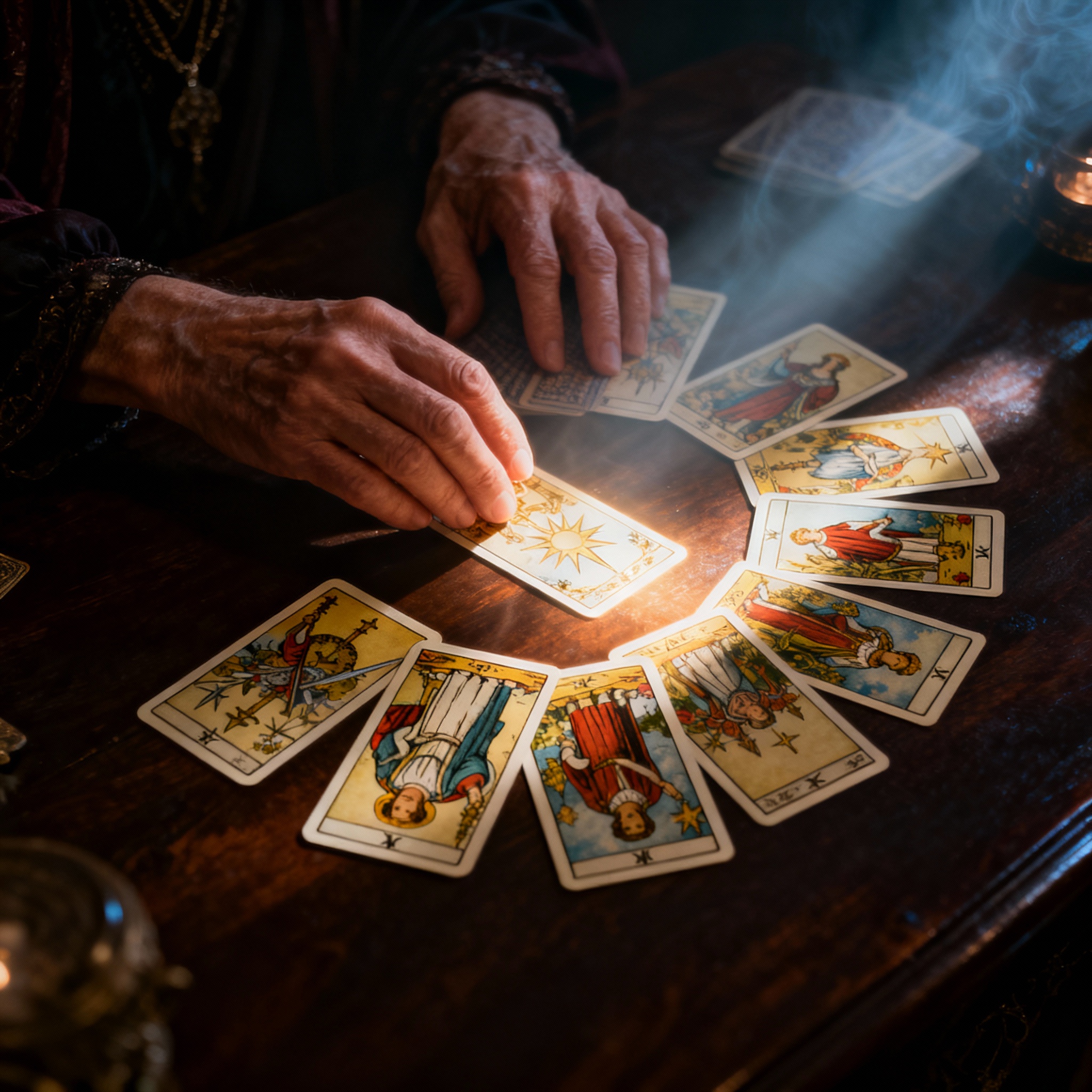 A top-down view of a psychic's hands interpreting a spread of tarot cards, which emit a soft glow, symbolizing the 'aha' moment of clarity and emotional validation provided to the client.