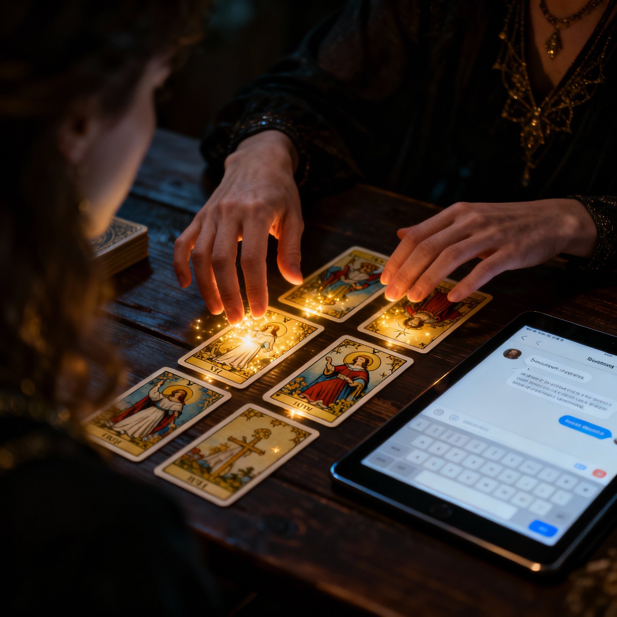 An over-the-shoulder view of a psychic's hands touching glowing tarot cards on a table. Beside the cards, a tablet displays a chat interface, representing the interactive online reading process.