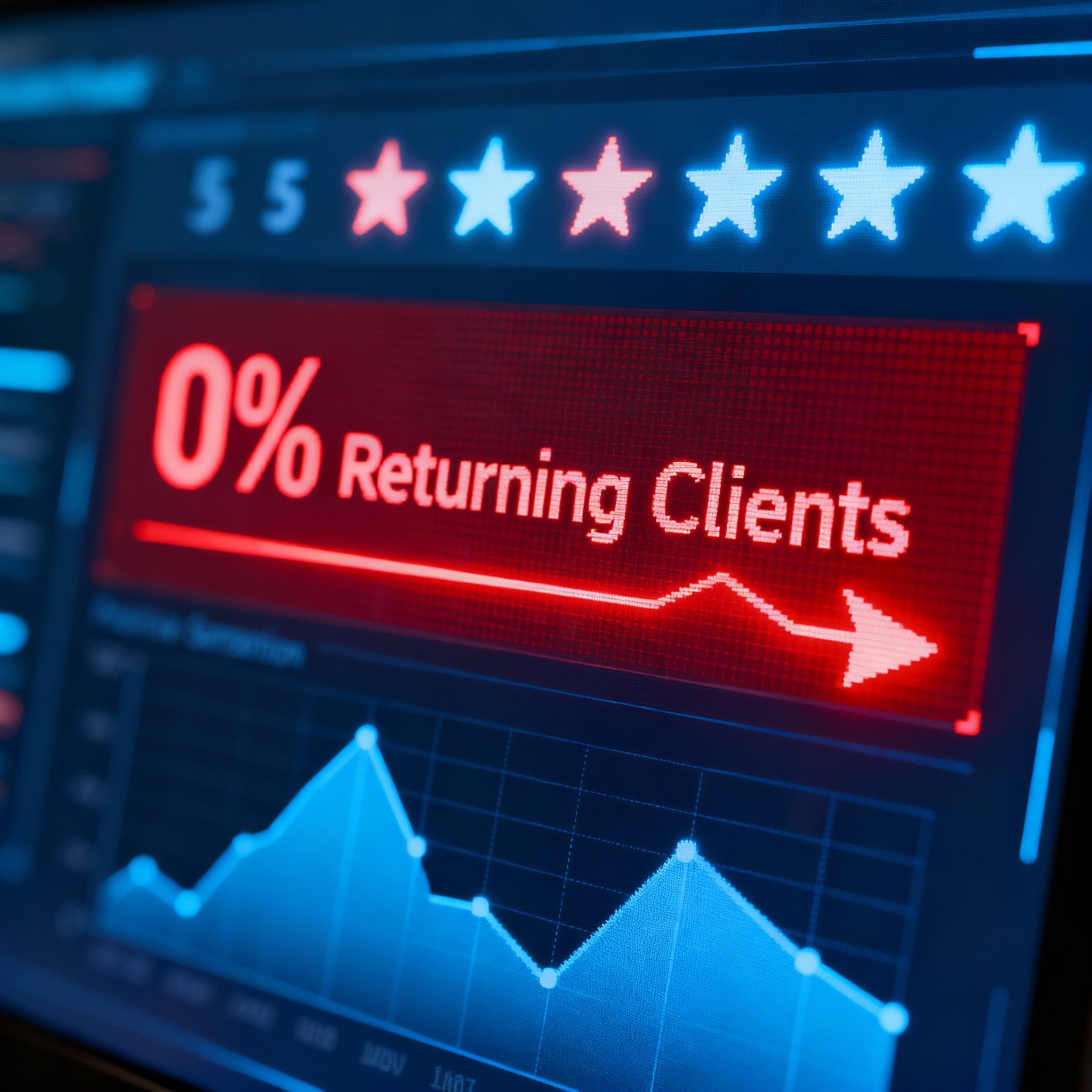 A modern data analytics interface, with a large, red '0%' prominently displayed on the screen, labeled 'Returning Clients'. This figure stands in stark contrast to other blurred positive data charts in the background, highlighting the article's key finding.